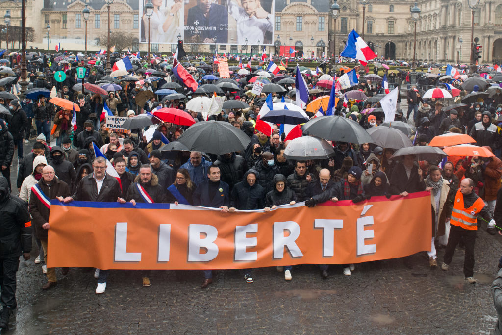 Demonstrators in Paris during a protest against vaccination pass rules.