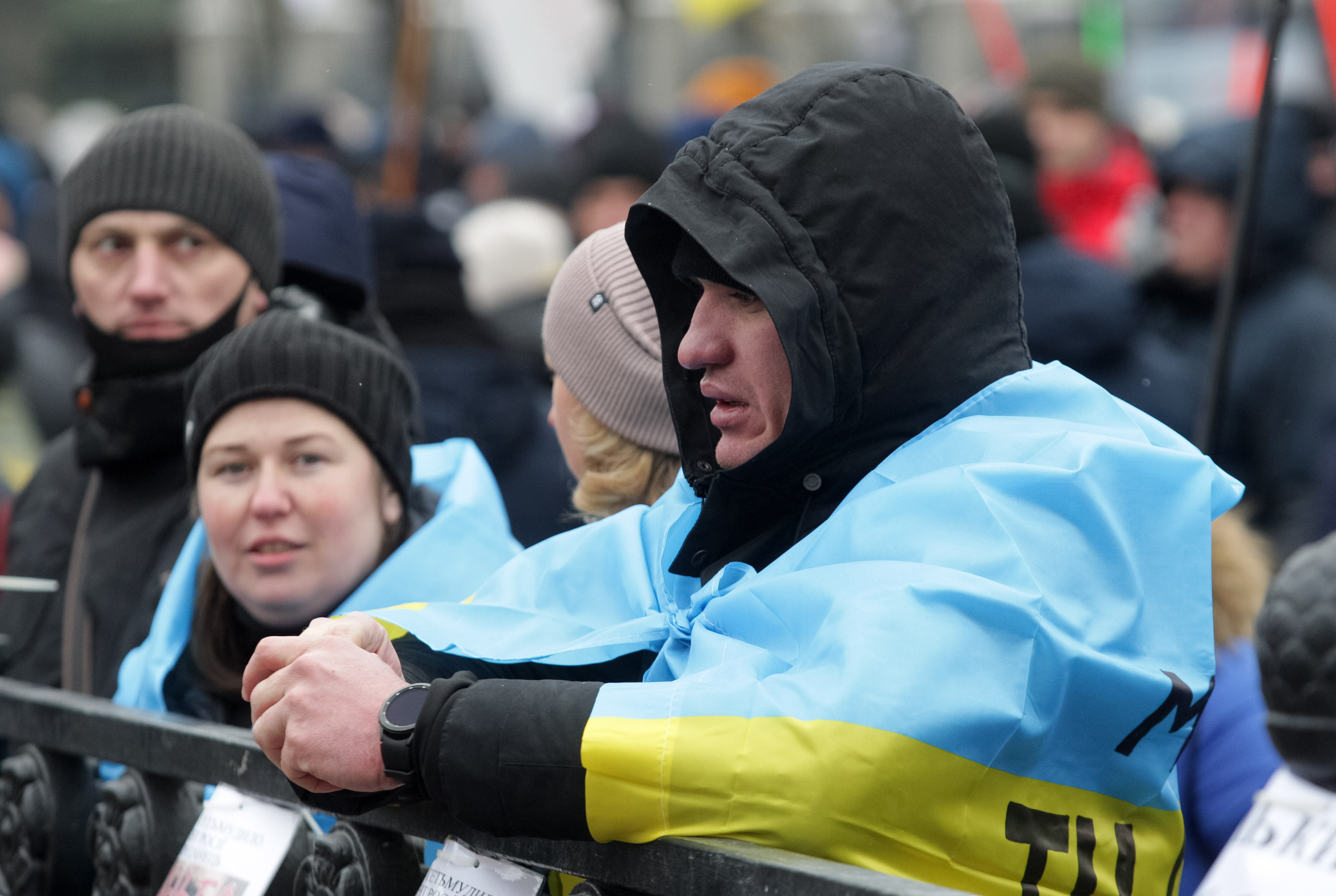 Small-business owners attend a rally, demanding a simplified tax system, in front of the Ukrainian Parliament, in Kyiv, on Jan. 25, 2022.