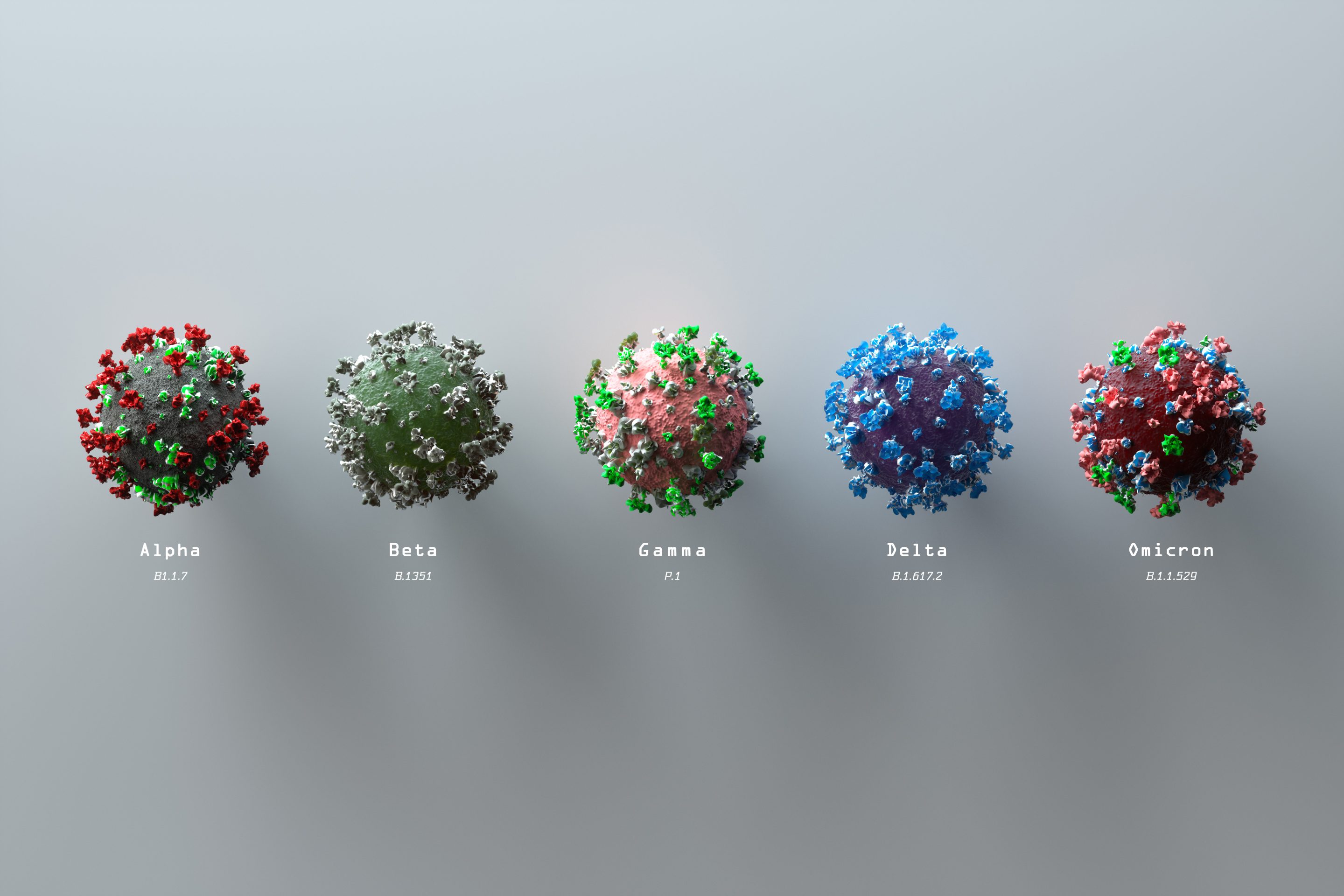 Structural images of the main COVID-19 virus variants from Alpha to Omicron.