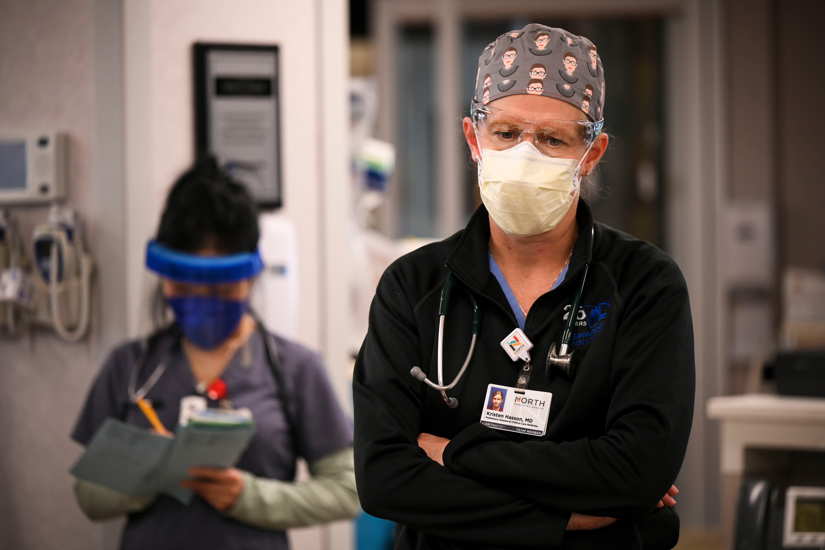 Dr. Kristen Hasson provides an update on the state of her ICU patients, most of whom have COVID-19, on Dec. 8, 2021, at North Memorial Health Hospital in Robbinsdale, Minn.