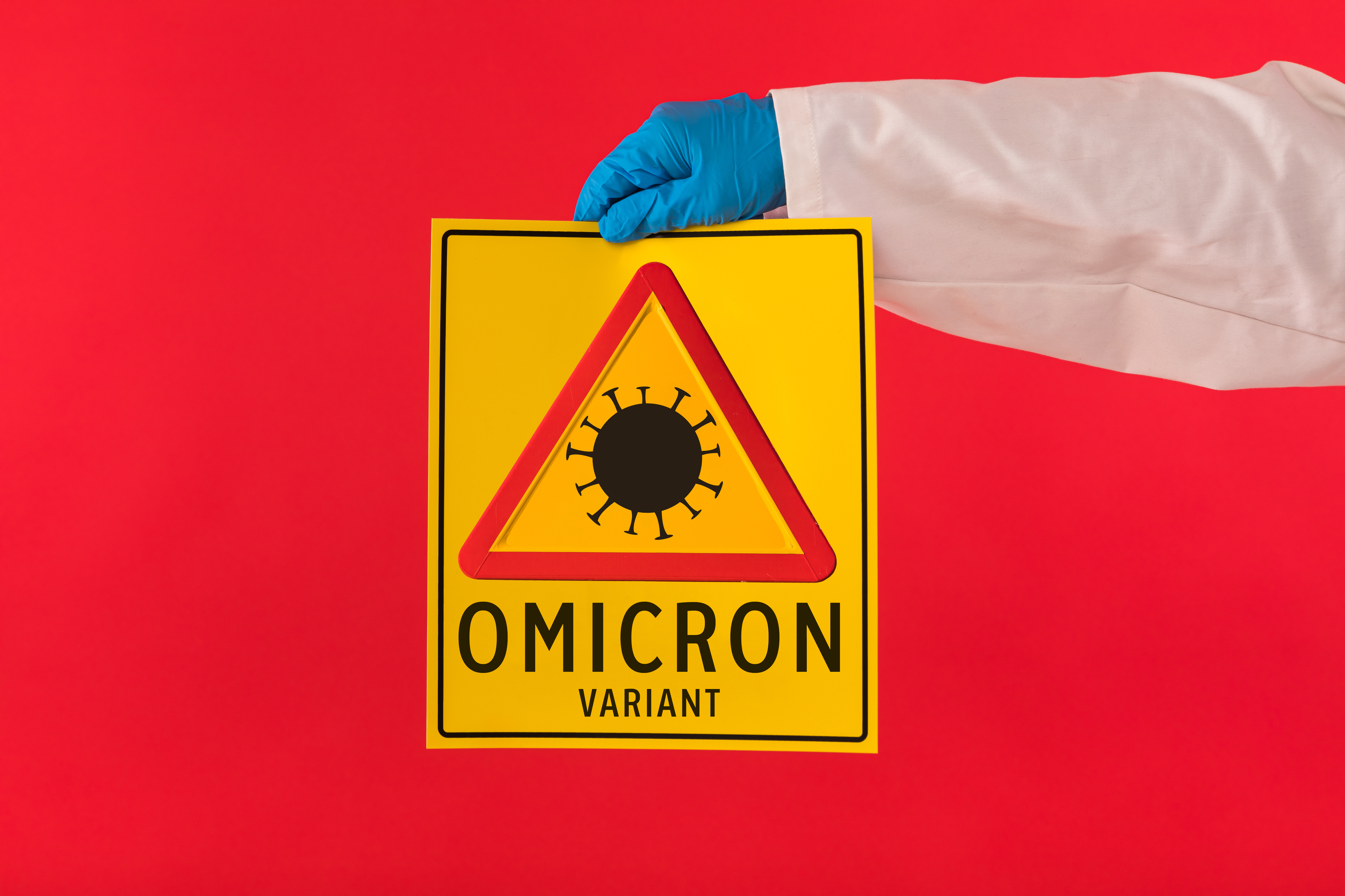 Arm of a doctor wearing a gown and latex gloves holding a yellow sign with a symbol with a covid-19 danger triangle and omicron variant, on a red background. Concept of coronavirus, health, pandemic, quarantine.