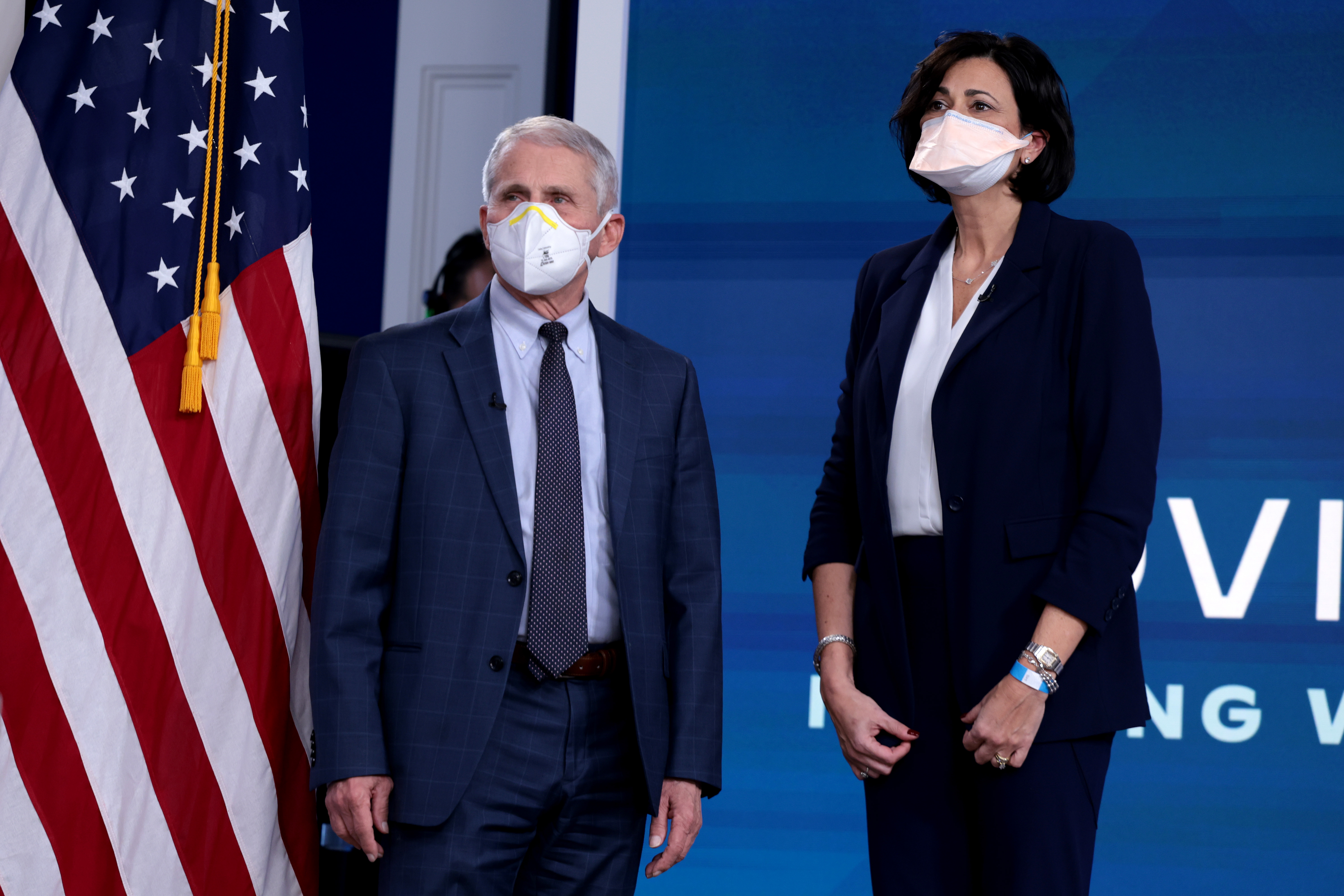 Dr. Anthony Fauci, Director of the National Institute of Allergy and Infectious Diseases and the Chief Medical Advisor to the President, and Centers for Disease Control and Prevention Director Rochelle Walensky, arrive for a video call with U.S. President Joe Biden, the White House Covid-19 Response team and the National Governors Association in Washington, DC.