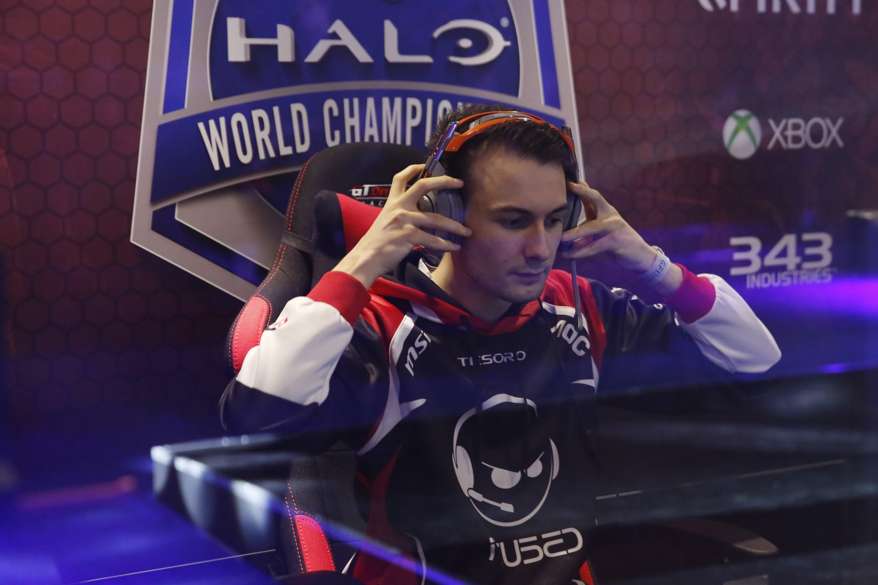Liam Healy, a professional video-game player also known as Barrage Godshot, of team Infused competes against team Epsilon eSports, during the semi-final round of Halo.
