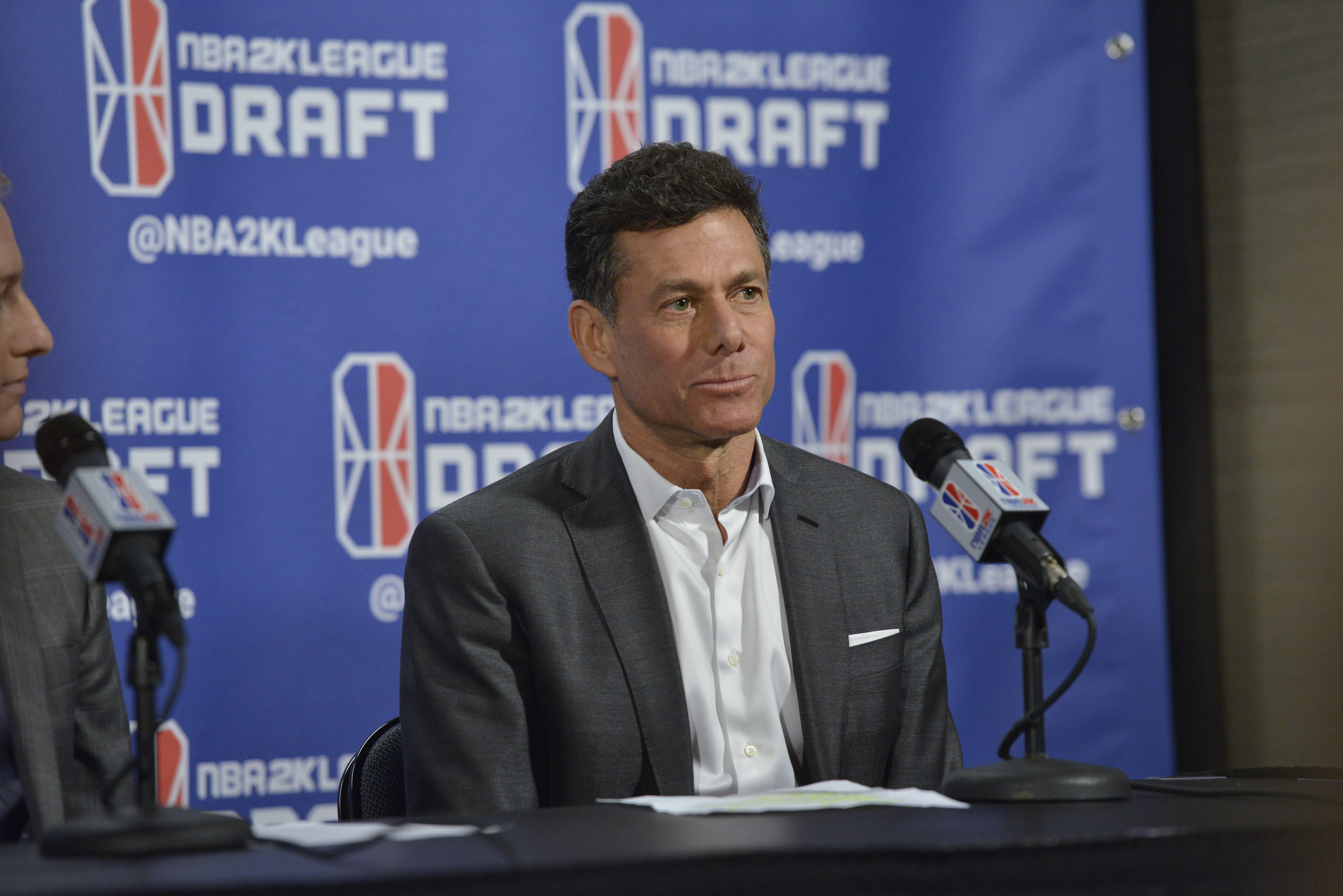 Strauss Zelnick, CEO of Take-Two Interactive, speaks to the media prior to the 2018 NBA 2K League draft.