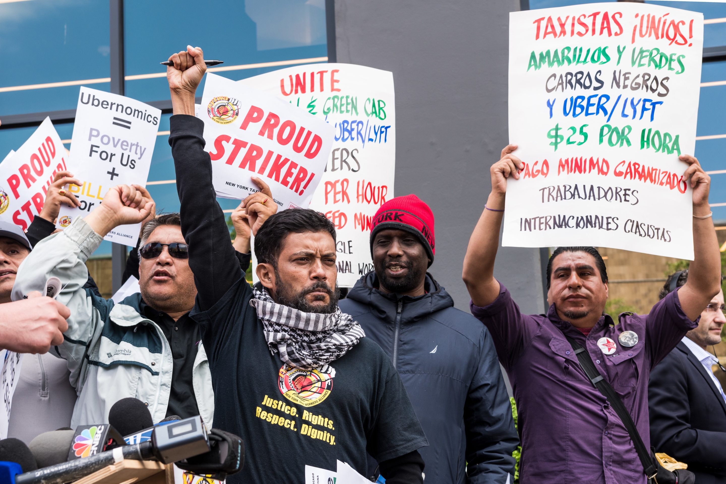 NYC cab drivers rallied in front of the Uber and Lyft offices in Long Island City, New York protesting Uber's IPO, in May 2019.