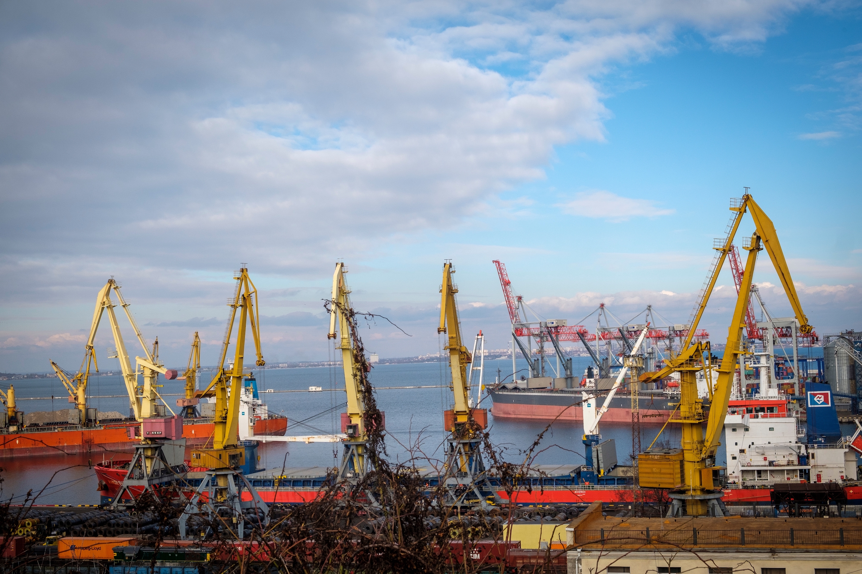 Storage silos and shipping cranes seen at Ukraine's Port of Odessa, the site where a YA-SA Holding coal ship was reportedly damaged by a shell during unloading.