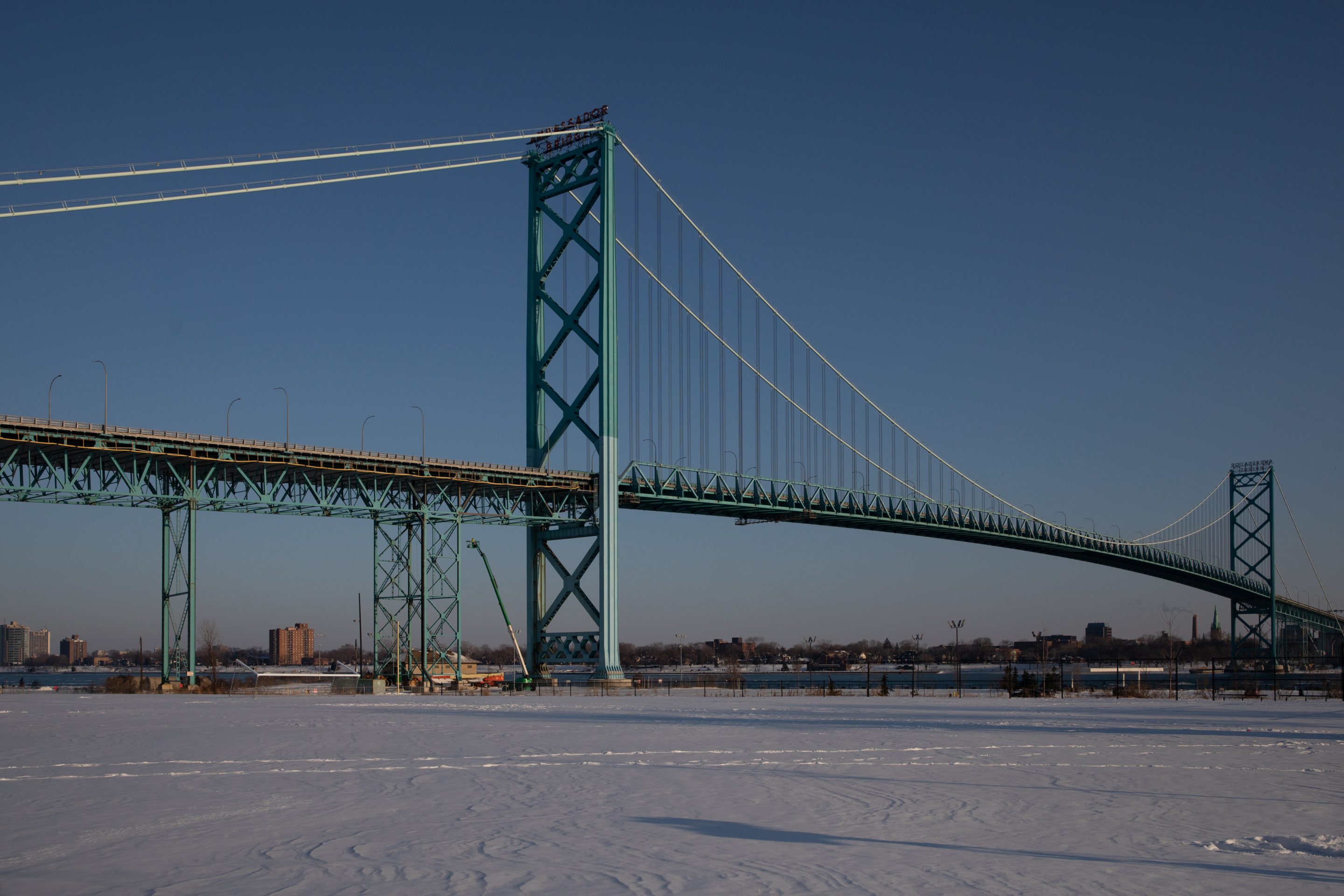 A view of the Ambassador bridge to Canada on February 8, 2022 in Detroit, Michigan.