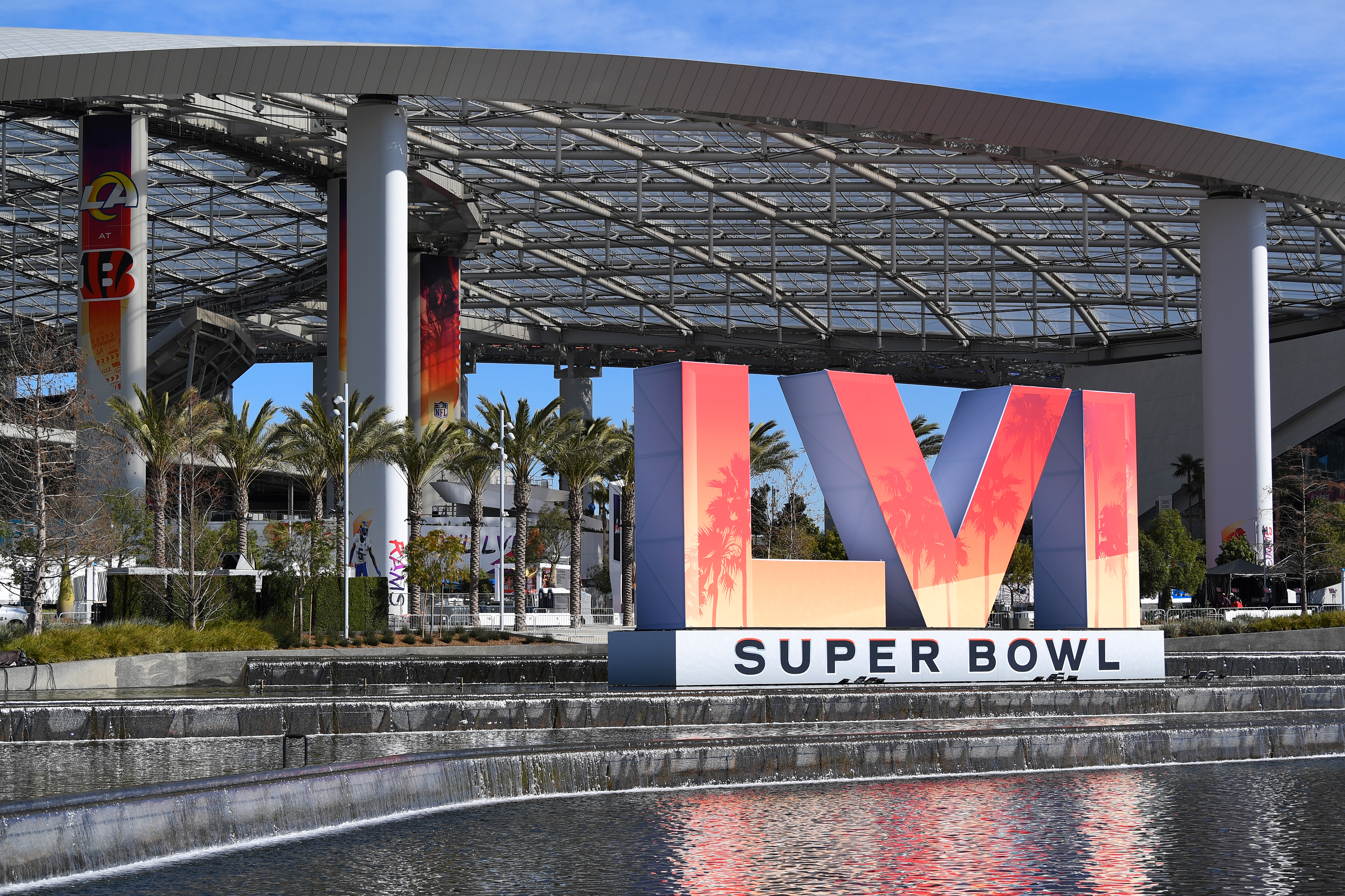 A view of the Super Bowl sign outside SoFi Stadium during Super Bowl LVI media availability day on February 8, 2022 in Inglewood, CA.