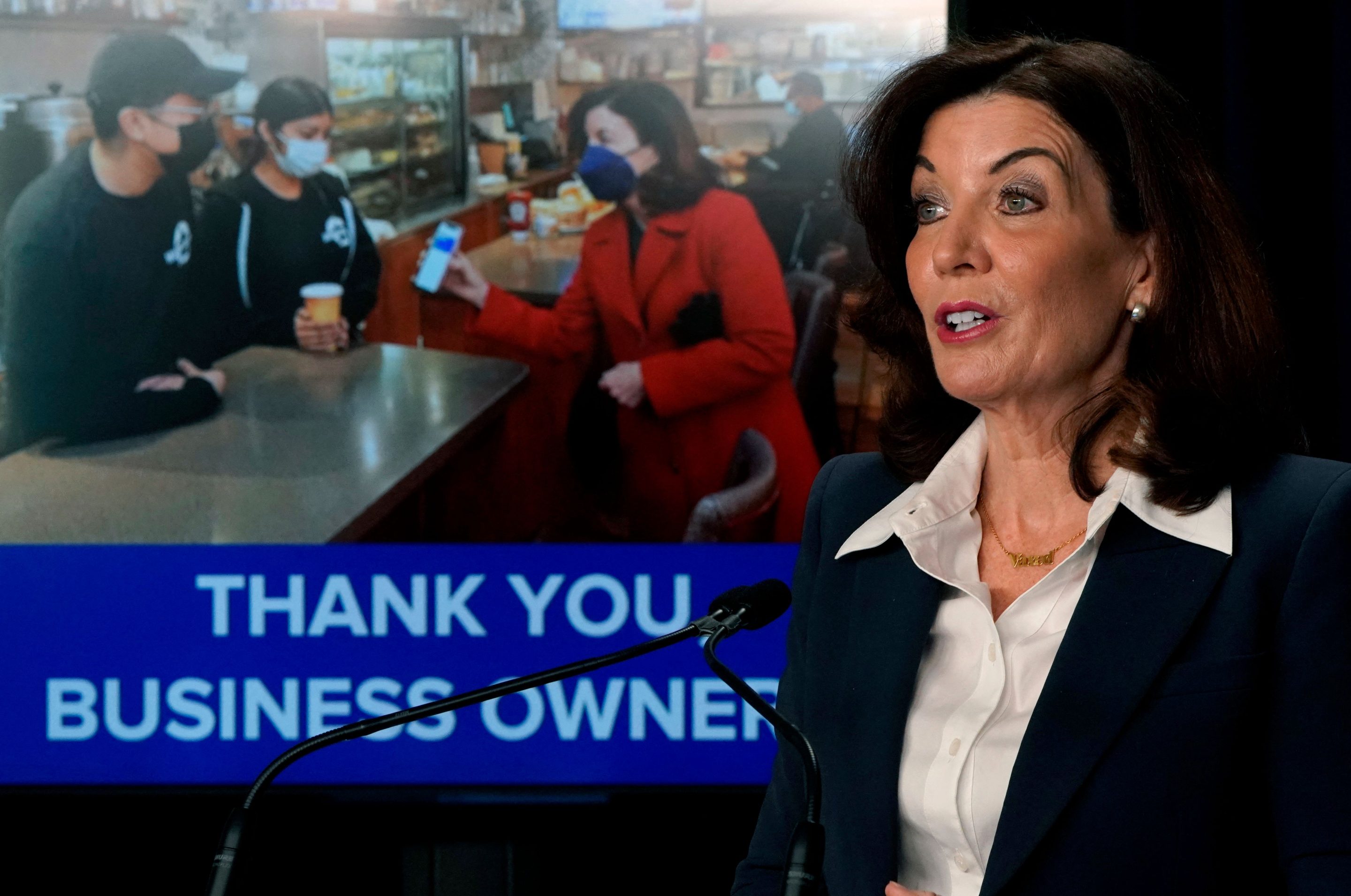 New York Governor Kathy Hochul speaks on easing indoor mask mandates in the state.