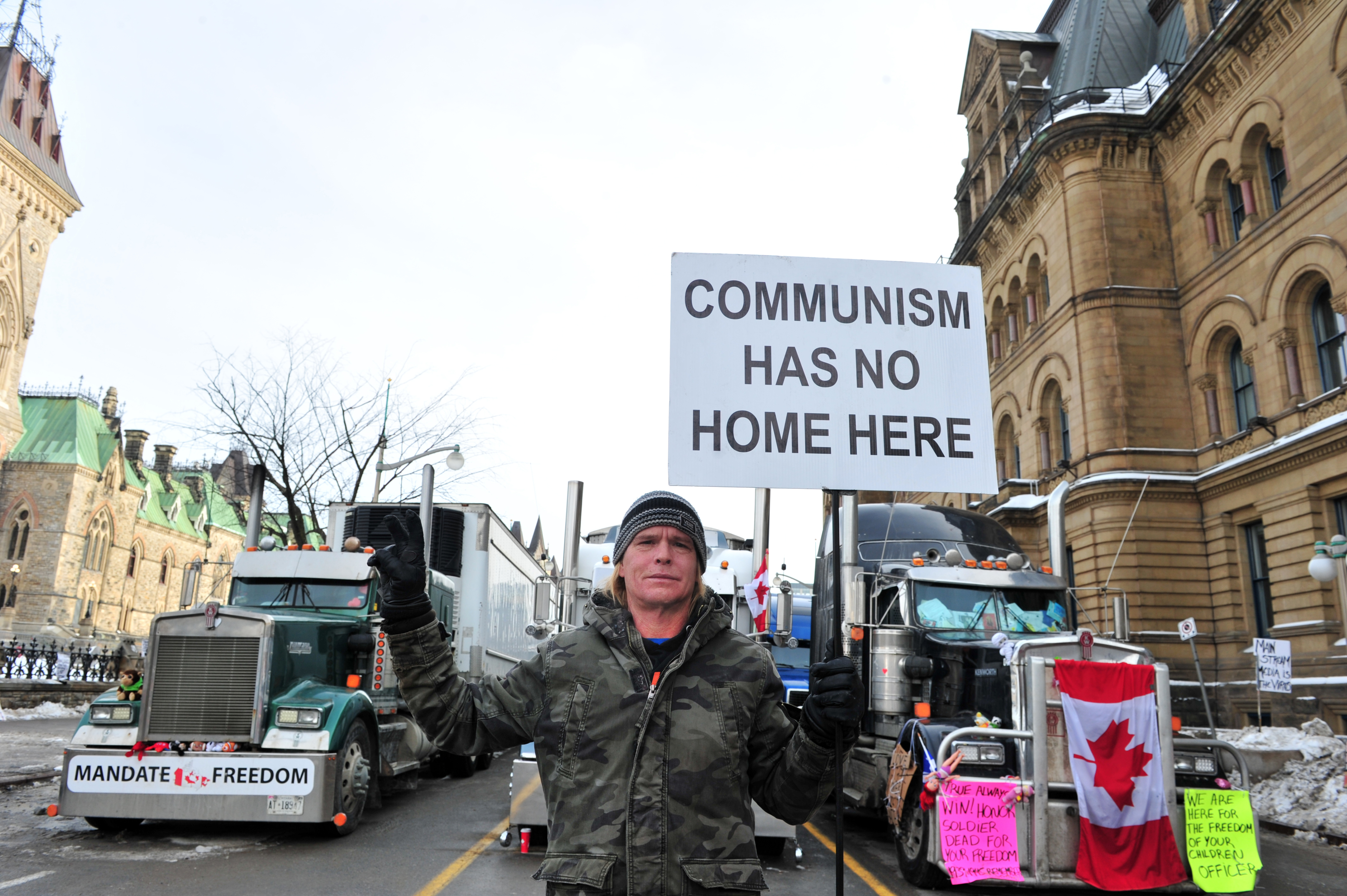 The protests started in reaction to Canadian and U.S. laws requiring truckers crossing the border to be fully vaccinated, but they’ve morphed into a rally against Covid restrictions.