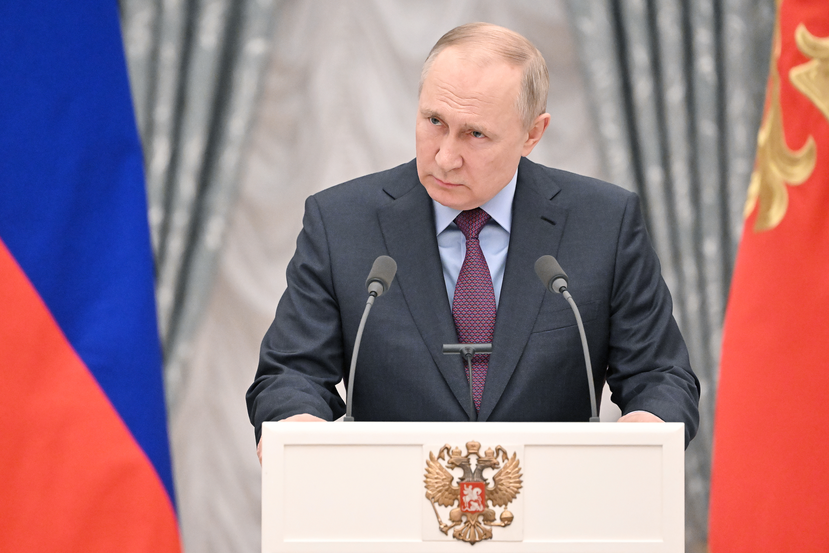 Russia's President Vladimir Putin gives comments to the media after a ceremony to sign a declaration on allied cooperation between Russia and Azerbaijan at Moscow's Kremlin on Feb. 22, 2022.
