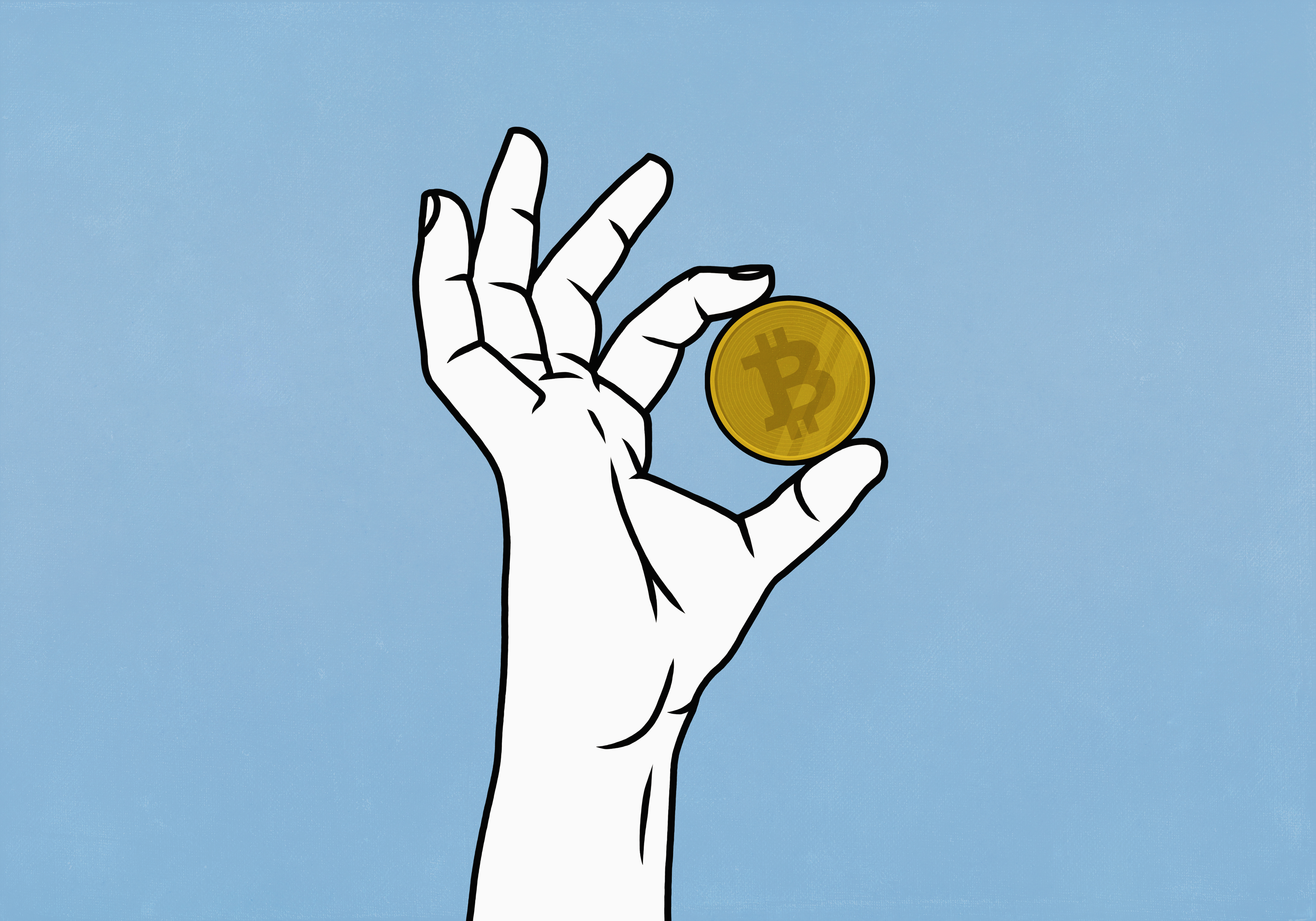 An illustration of a hand holding a Bitcoin.