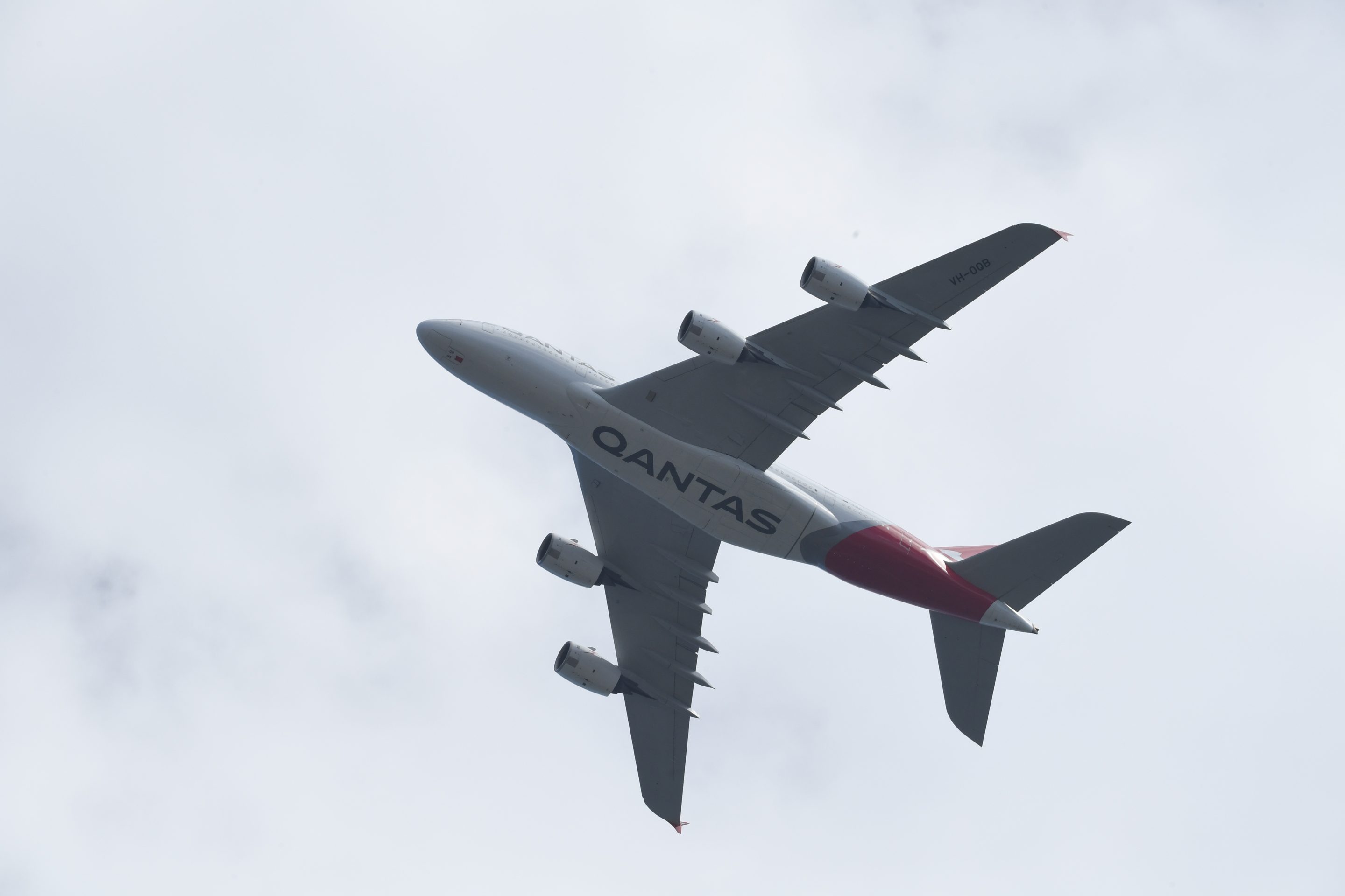 A Qantas Airbus A380 aircraft called Hudson Fysh about to touch down at Sydney Airport more than 19 hours after it departed Dresden, Germany on November 9, 2021 in Sydney, Australia.