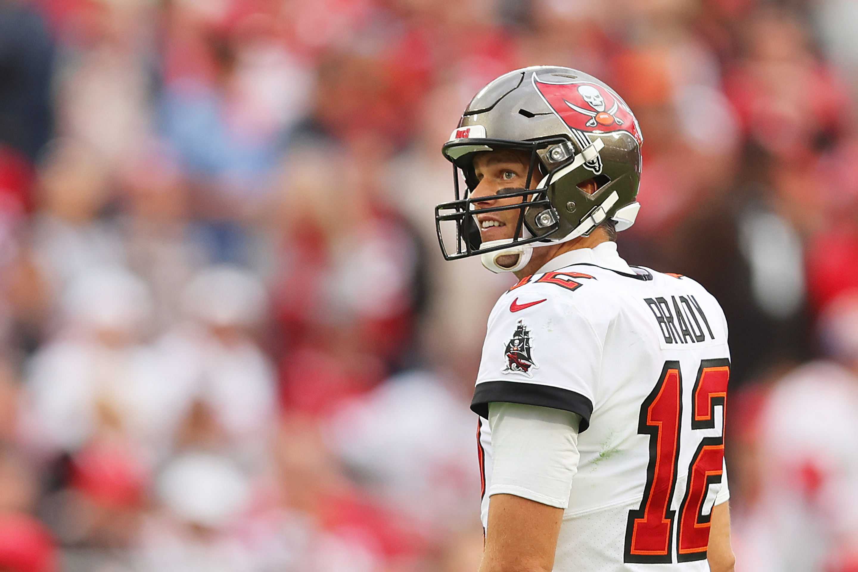 Tom Brady of the Tampa Bay Buccaneers in the midst of an NFC playoff game against the Philadelphia Eagles at Raymond James Stadium, in Tampa, on Jan. 16, 2022.