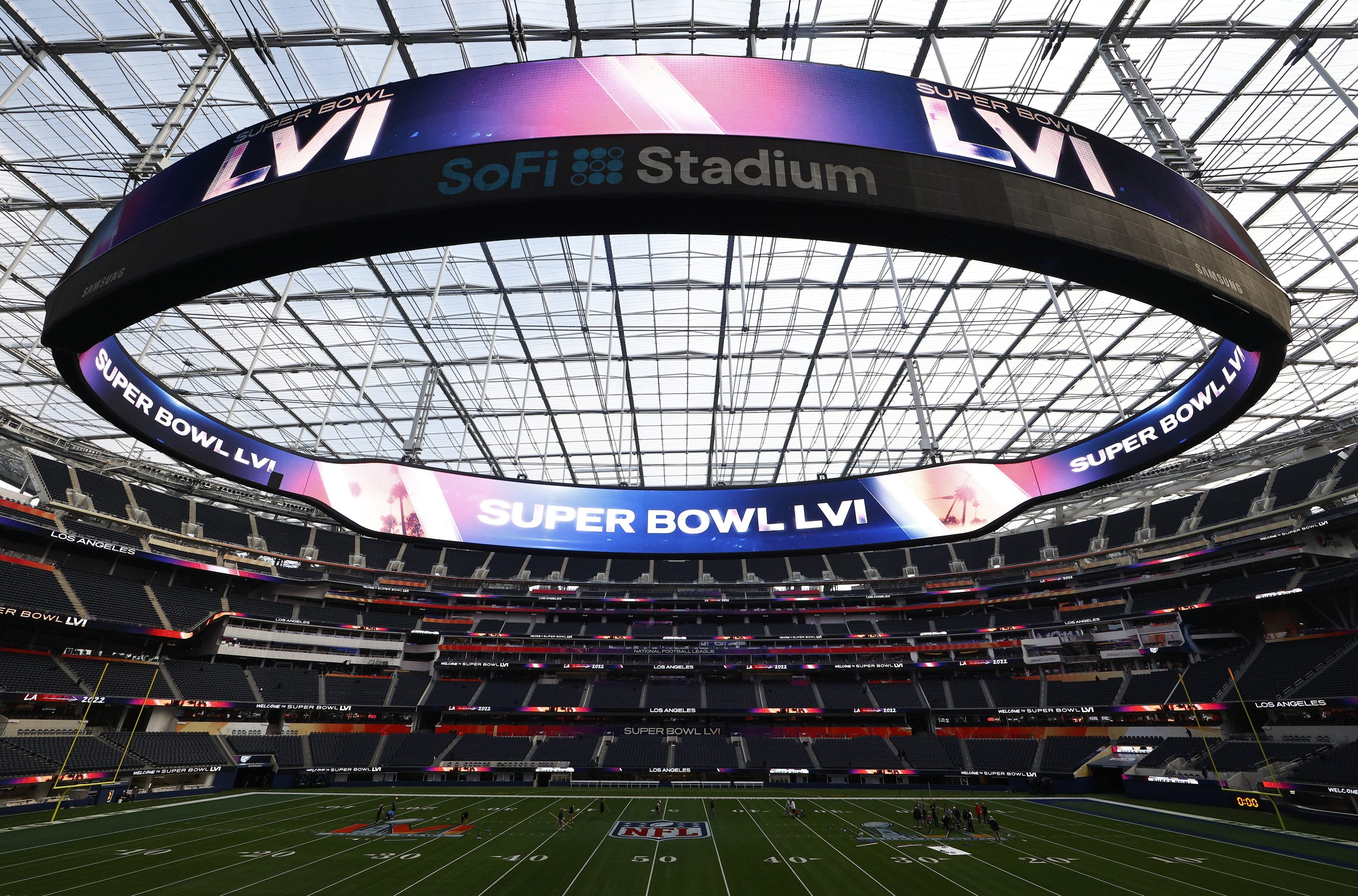A view of SoFi Stadium as workers prepare for Super Bowl LVI.