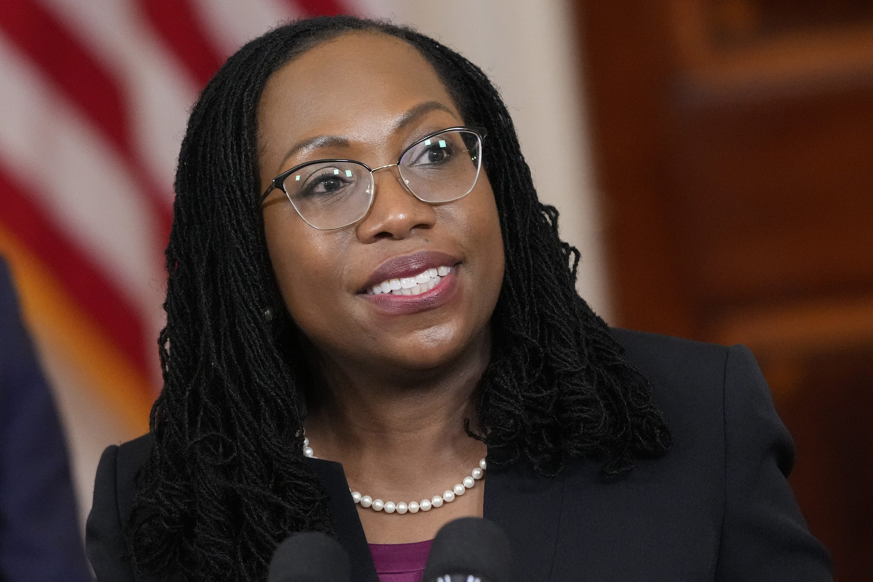 Ketanji Brown Jackson, circuit judge on the U.S. Court of Appeals for the District of Columbia Circuit, makes brief remarks after U.S. President Joe Biden introduced her as his nominee to the U.S. Supreme Court during an event in the Cross Hall of the White House February 25, 2022 in Washington, DC. Pending confirmation, Judge Brown Jackson would succeed retiring Associate Justice Stephen Breyer and become the first-ever Black woman to serve on the high court. 