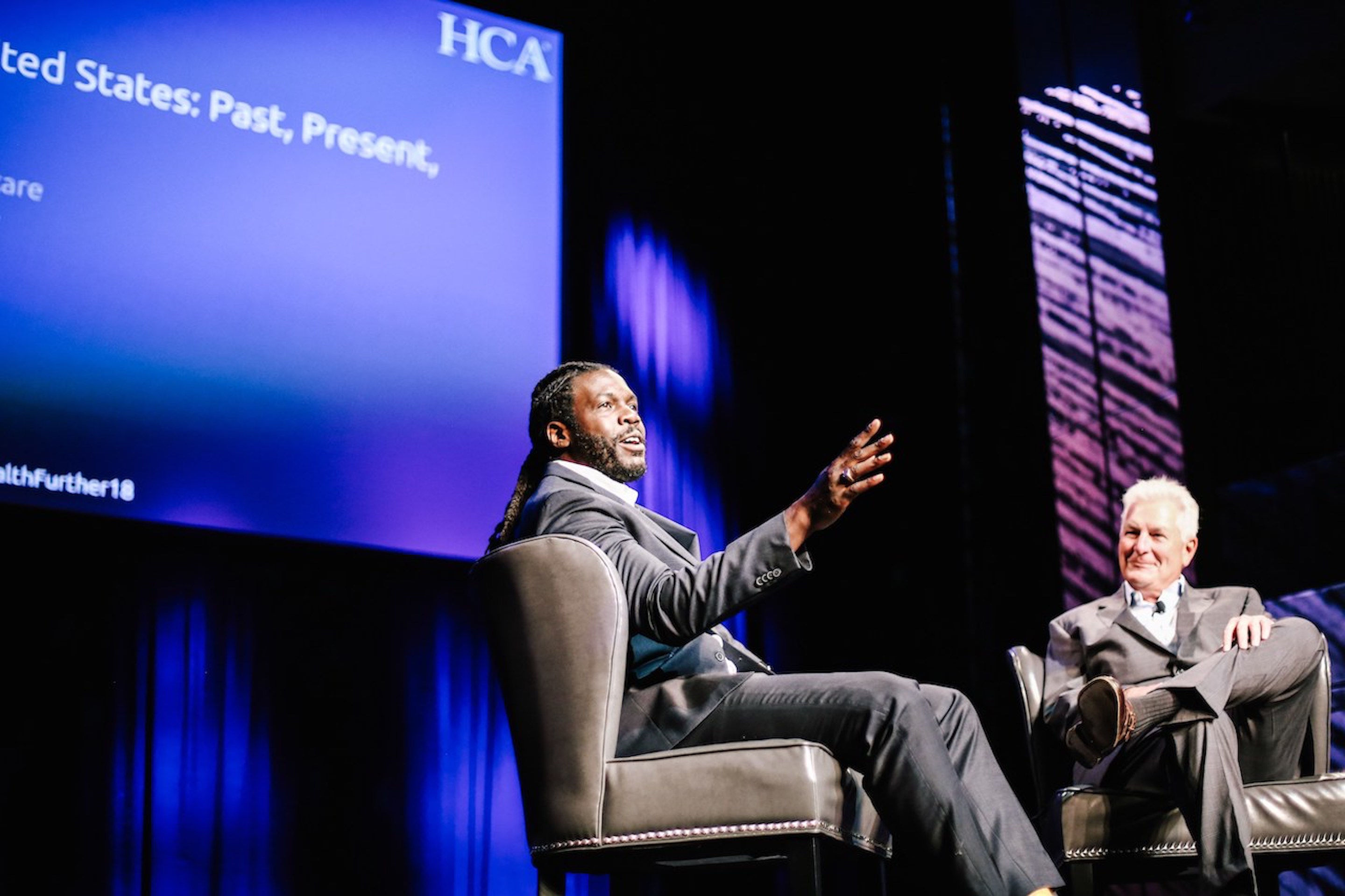 Entrepreneur Marcus Whitney, left, interviews former HCA CEO Milton Johnson during Whitney's Health:Further conference in Nashville, Tenn., which ran from 2015 through 2019.
