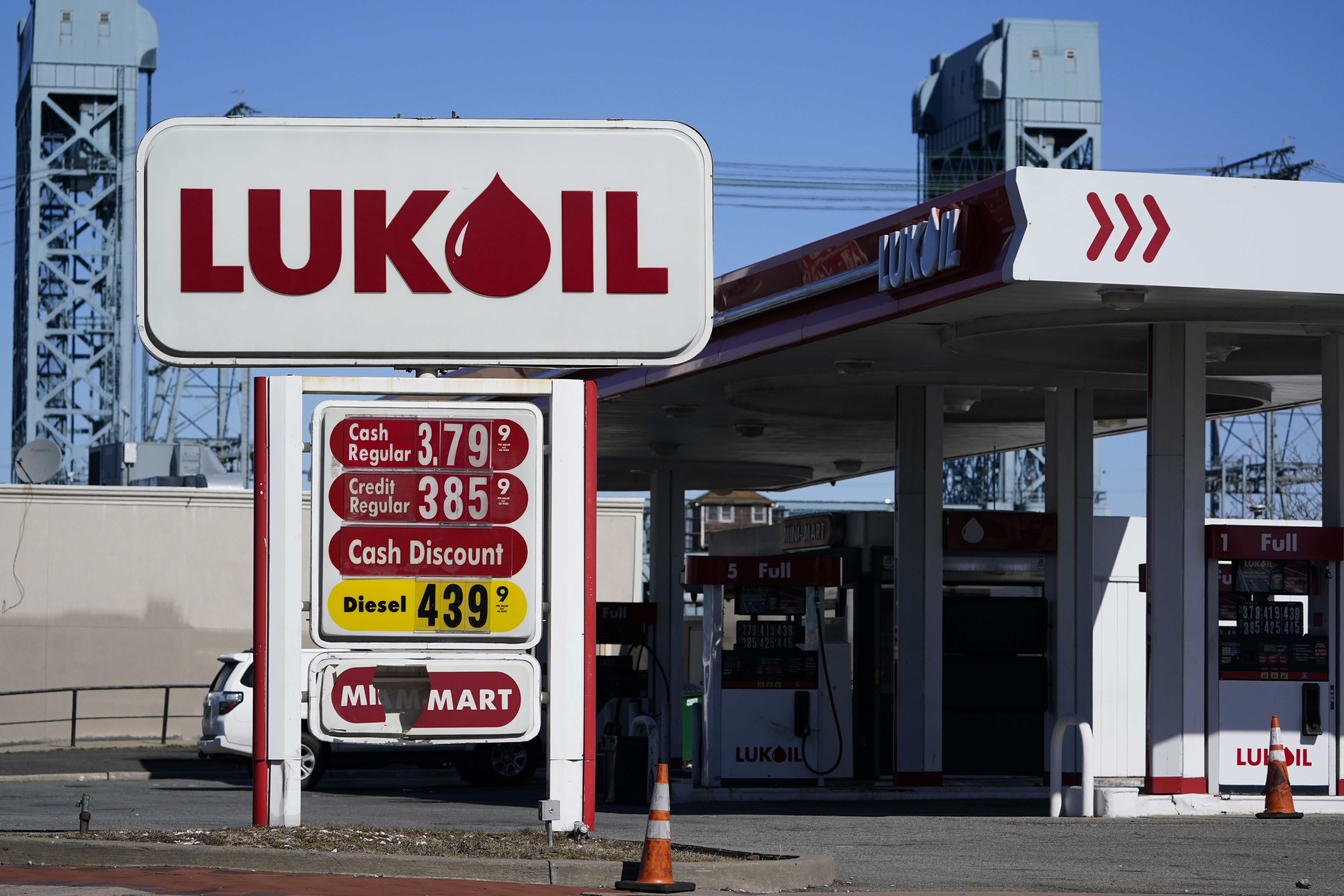 A Lukoil gas station sits in Newark, N.J., Thursday, March 3, 2022. Outraged by the invasion of Ukraine, the Newark City Council voted unanimously Wednesday to suspend the service stations’ operating licenses, citing Lukoil’s base in Moscow. In doing so, however, they may have predominantly been hurting Americans.