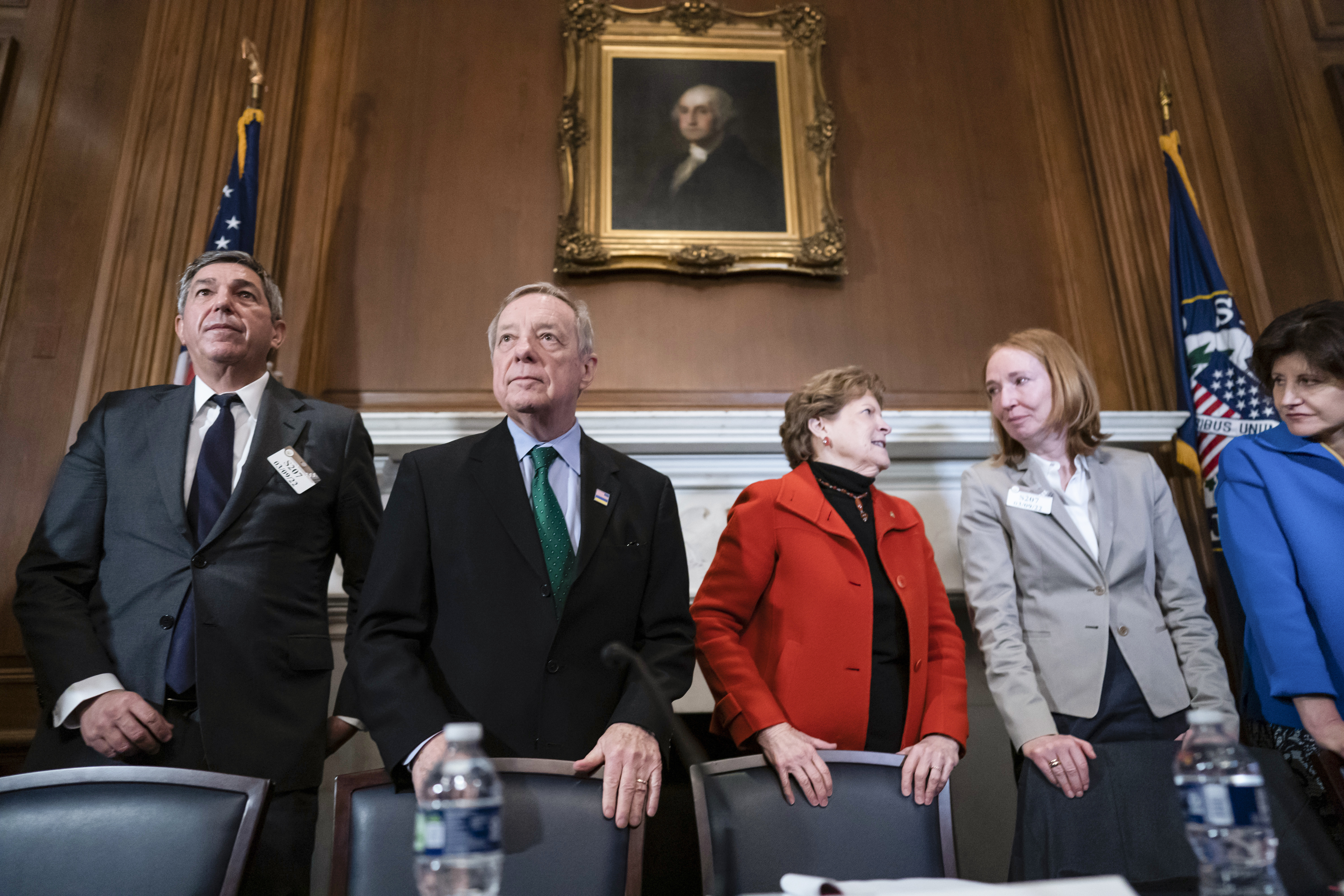 From left, European Union Ambassador Stavros Lambrinidis, Sen. Dick Durbin, D-Ill., Sen. Jeanne Shaheen, D-N.H., German Ambassador Emily Haber, and Lithuanian Ambassador Audra Plepyte join other diplomats to discuss the Russian invasion of Ukraine, at the Capitol in Washington, Thursday, March 10.