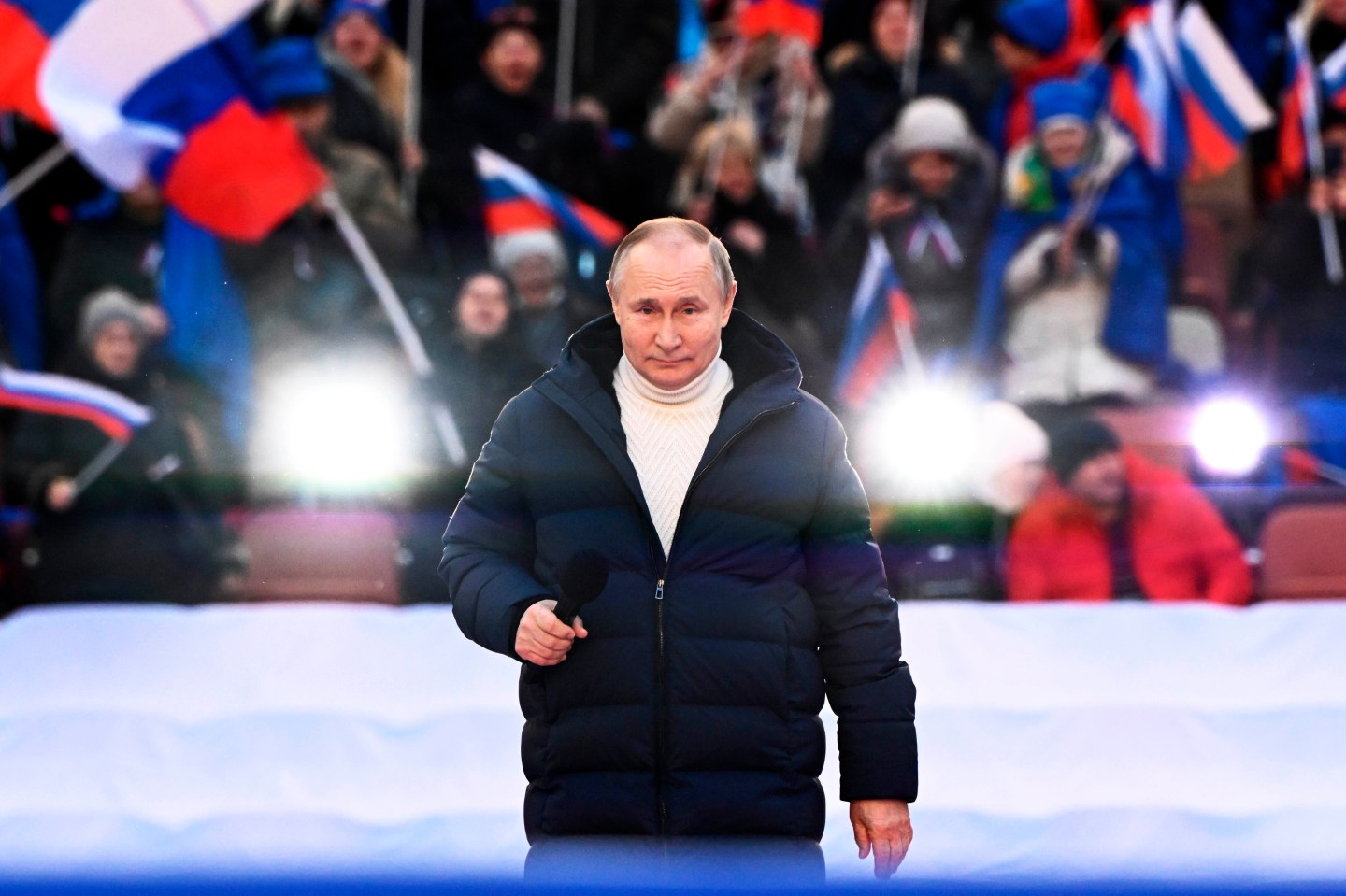 ‘For a world without Nazism’: Putin appears at packed patriotic rally as troops press attack in Ukraine