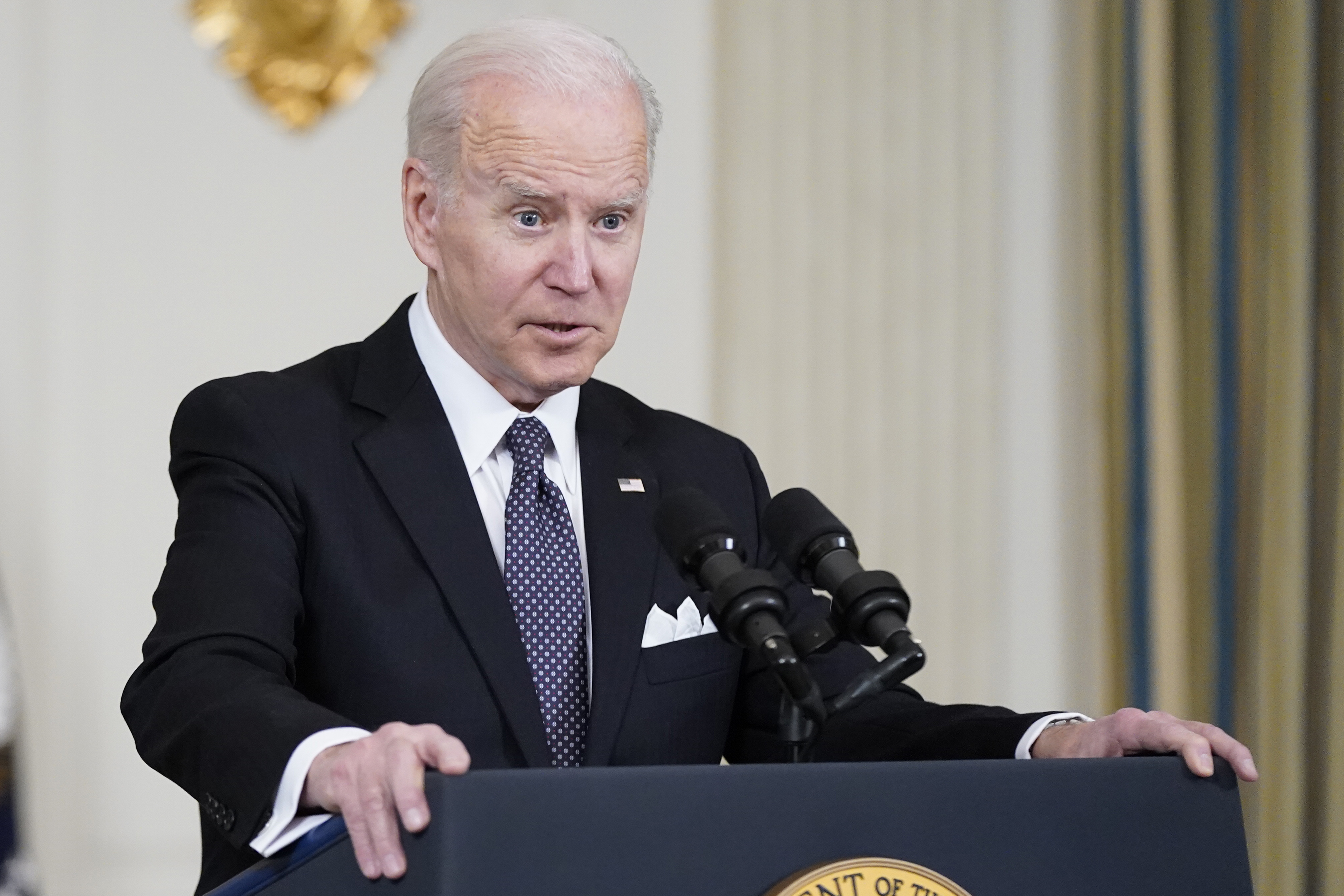 President Joe Biden speaks about Russian President Vladimir Putin and Russia's invasion of Ukraine after unveiling his proposed budget for fiscal year 2023 in the State Dining Room of the White House, March 28, 2022, in Washington.