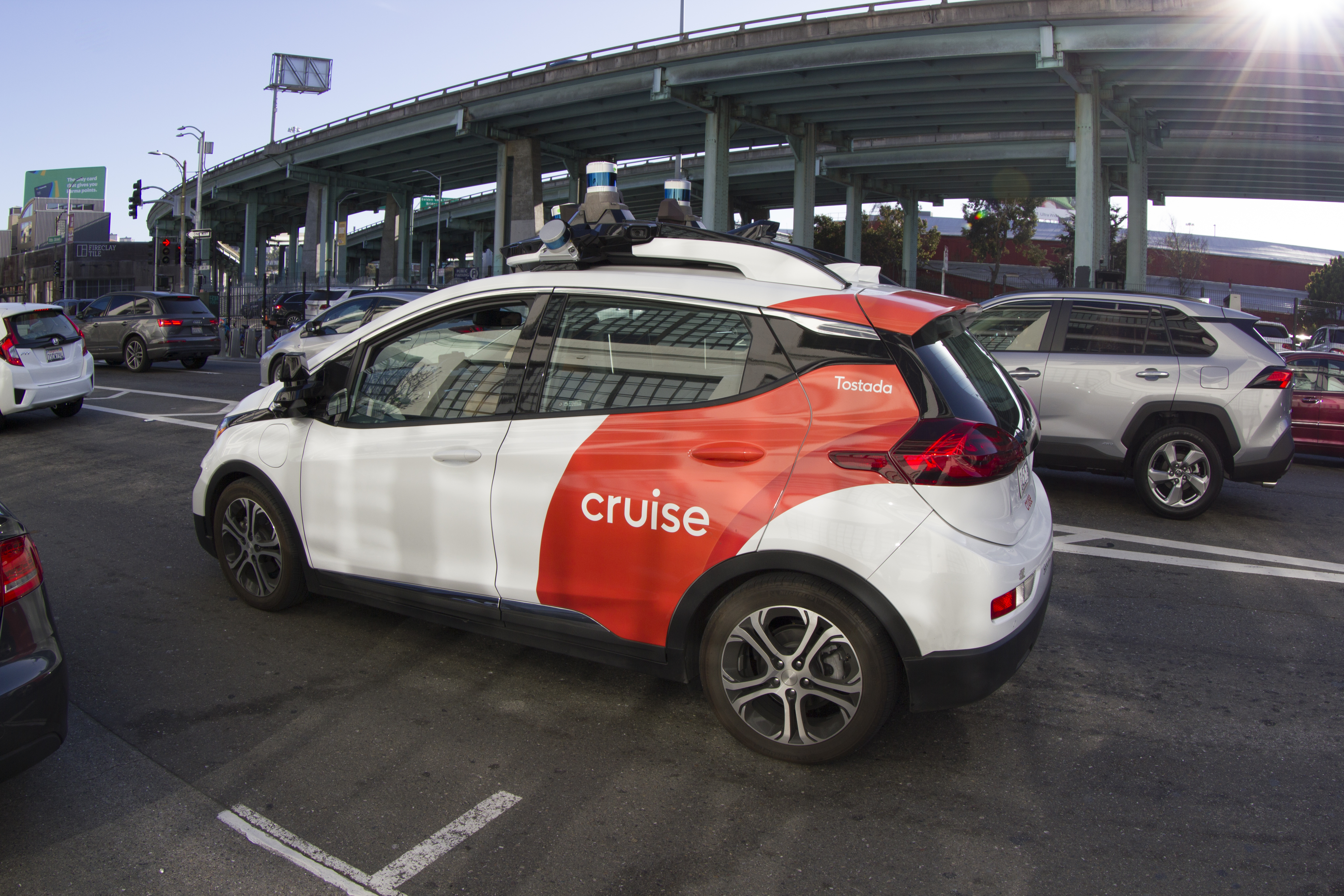 A Cruise self-driving car undergoing testing in the SoMa District of San Francisco. A subsidiary of GM, Cruise tests and develops autonomous car technology.