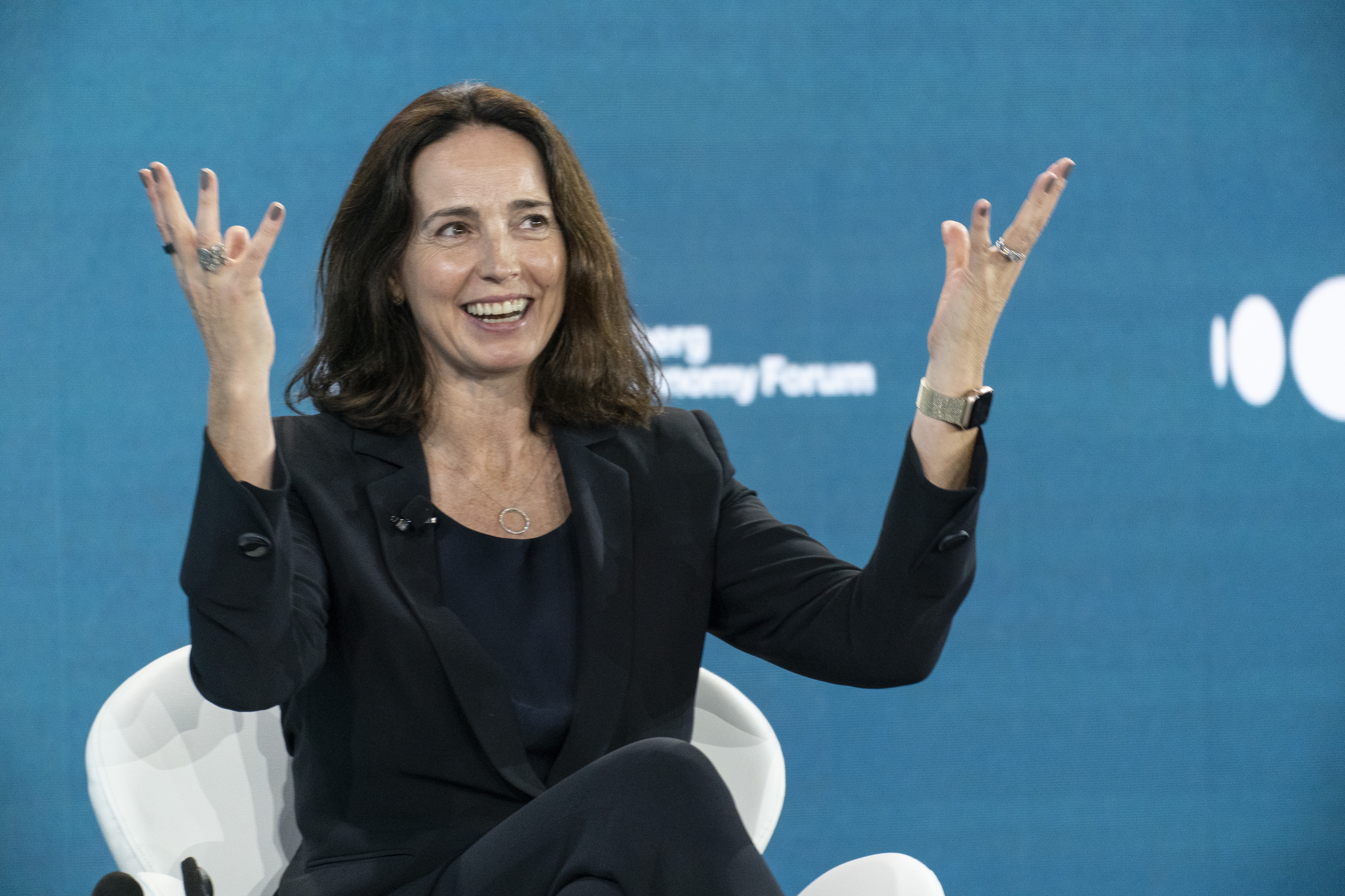 Sarah Friar, chief executive officer of Nextdoor Inc., speaks during the Bloomberg New Economy Forum in Singapore, on Thursday, Nov. 18, 2021.
