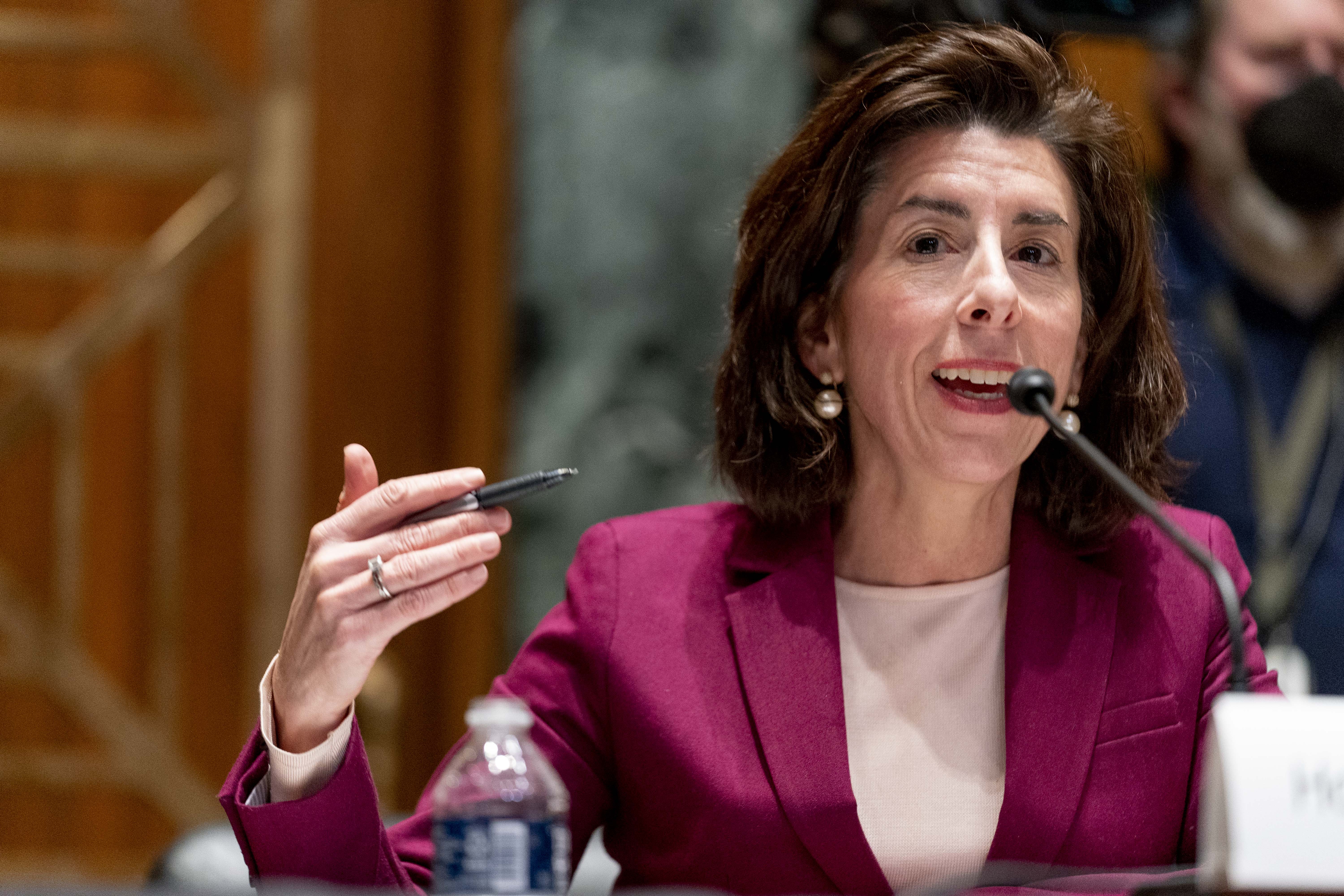 Commerce Secretary Gina Raimondo testifies before a Senate Appropriations Subcommittee on Commerce, Justice, Science, and Related Agencies hearing to examine expanding broadband access, focusing on the Department of Commerce broadband programs in the Infrastructure Investment and Jobs Act, on Capitol Hill in Washington, February 1, 2022 in Washington, DC.
