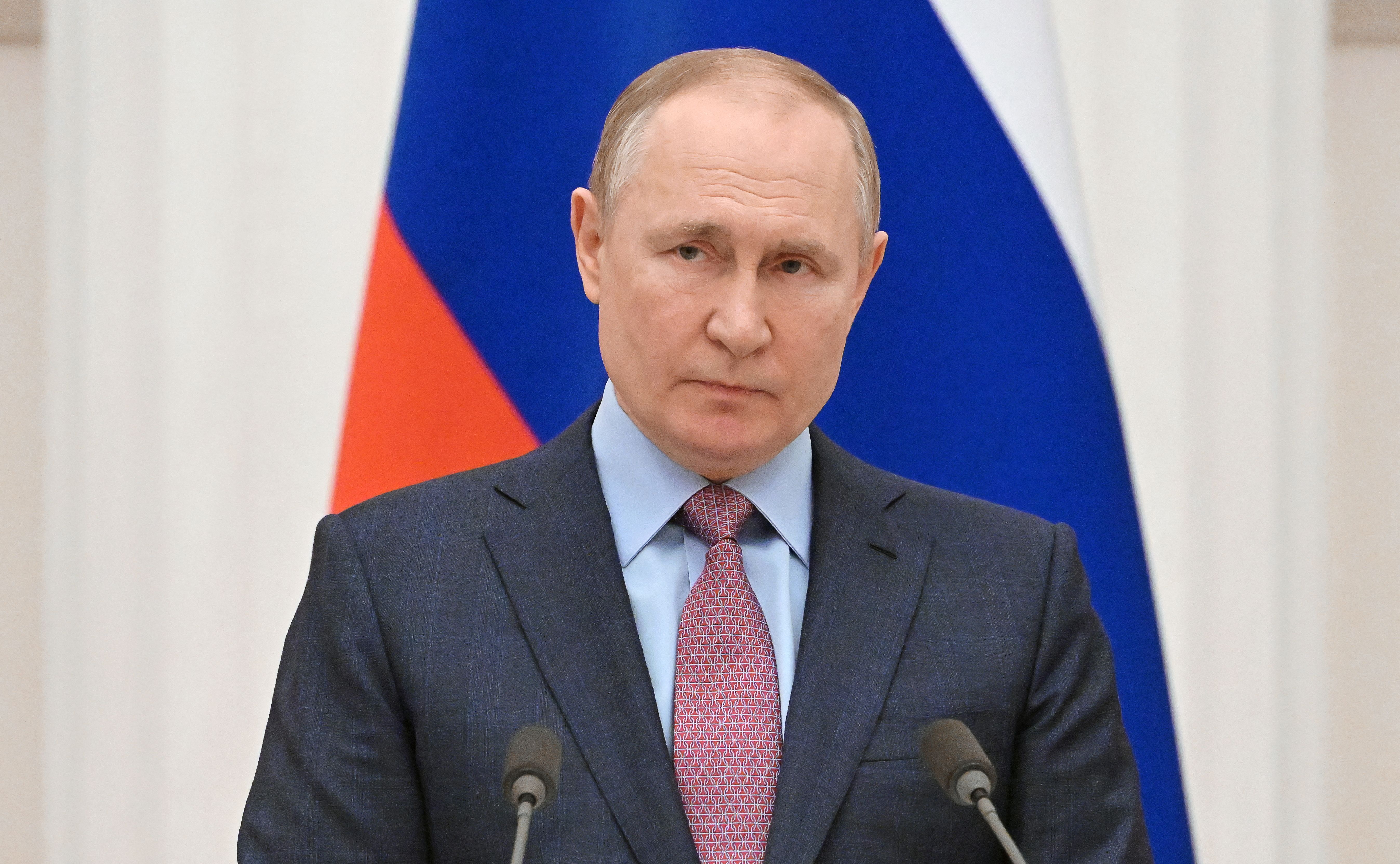 Russia's President Vladimir Putin attends a press conference at the Kremlin in Moscow on Feb. 18, 2022.