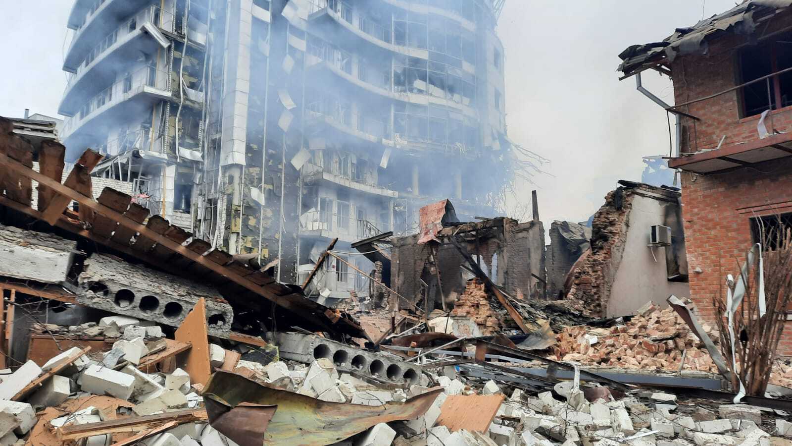 A view of damaged civil settlements after Russian attacks in Kharkiv, Ukraine on March 03, 2022.