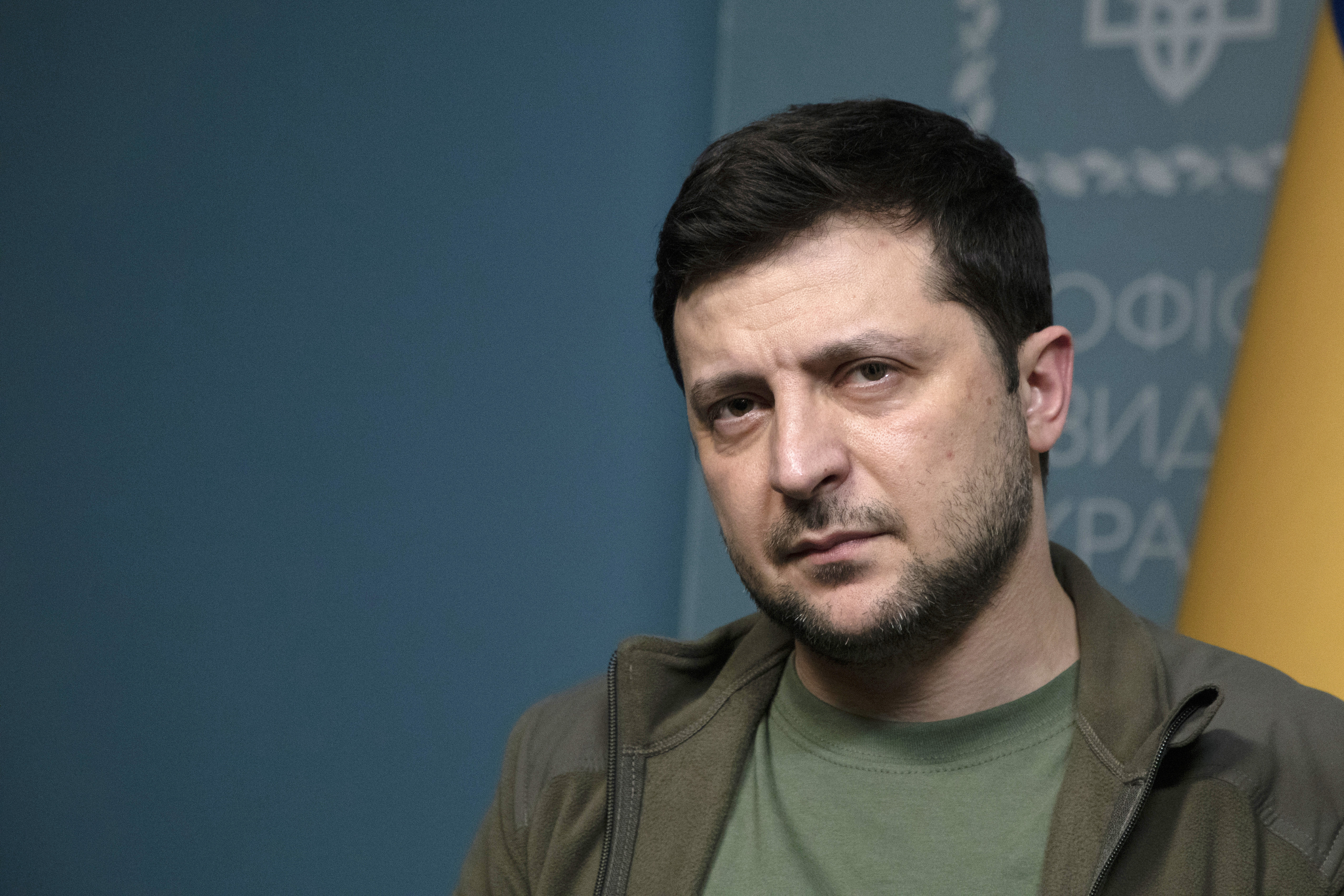 Ukrainian President Volodymyr Zelensky looks on at a press conference for selected media at his official residence the Maryinsky Palace on March 3,2022, in Kyiv, Ukraine.