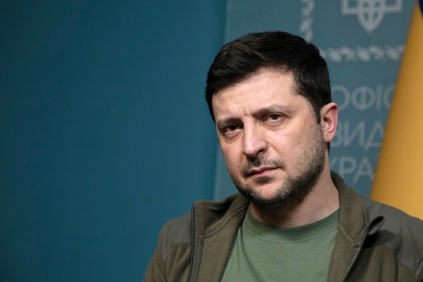 Ukrainian President Volodymyr Zelensky looks on at a press conference for selected media at his official residence the Maryinsky Palace on March 3,2022, in Kyiv, Ukraine.