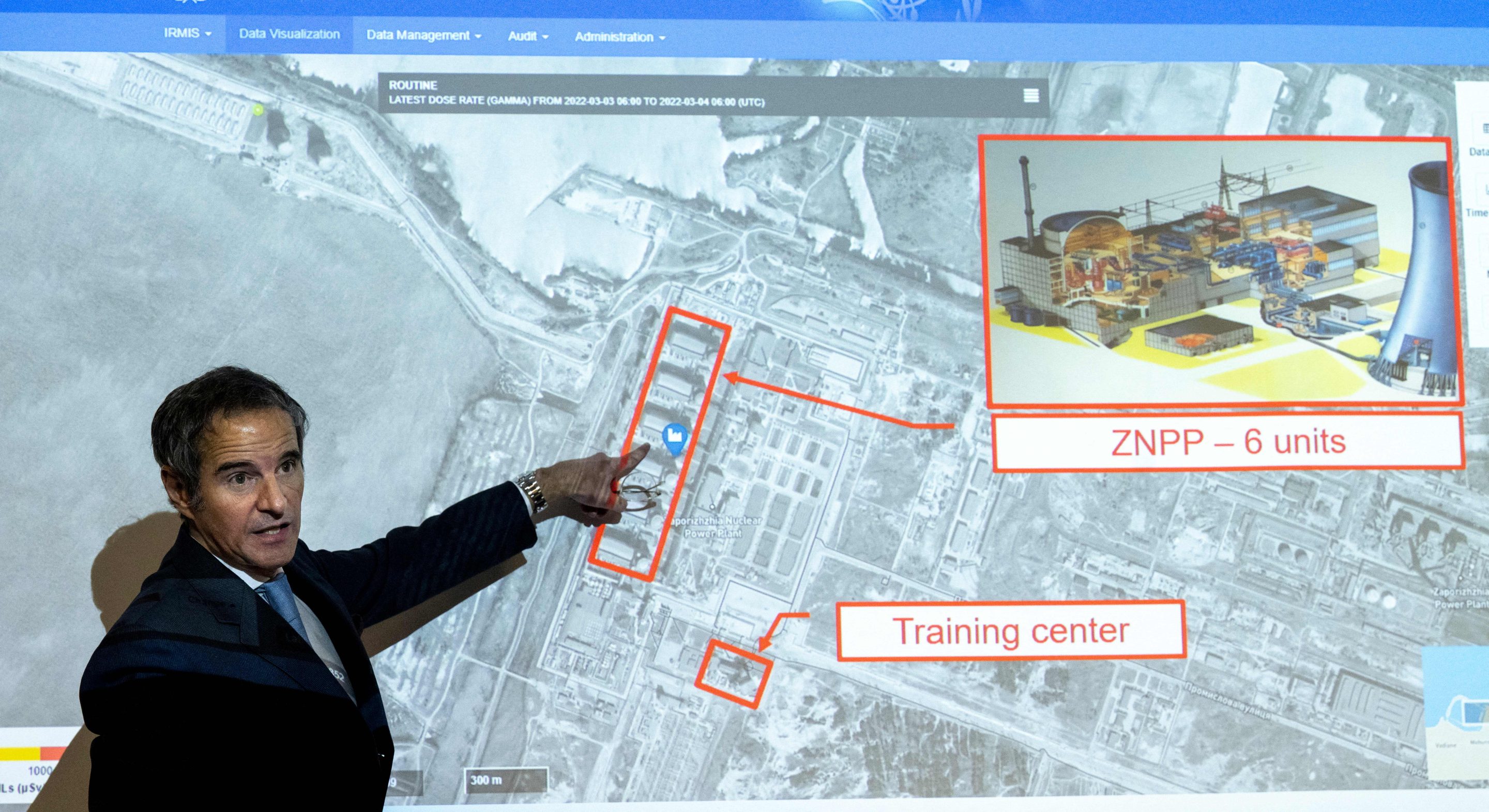 Rafael Grossi, director general of the International Atomic Energy Agency, points on a map of the Ukrainian Zaporizhzhia nuclear power plant at the IAEA headquarters in Vienna, Austria on March 4, 2022