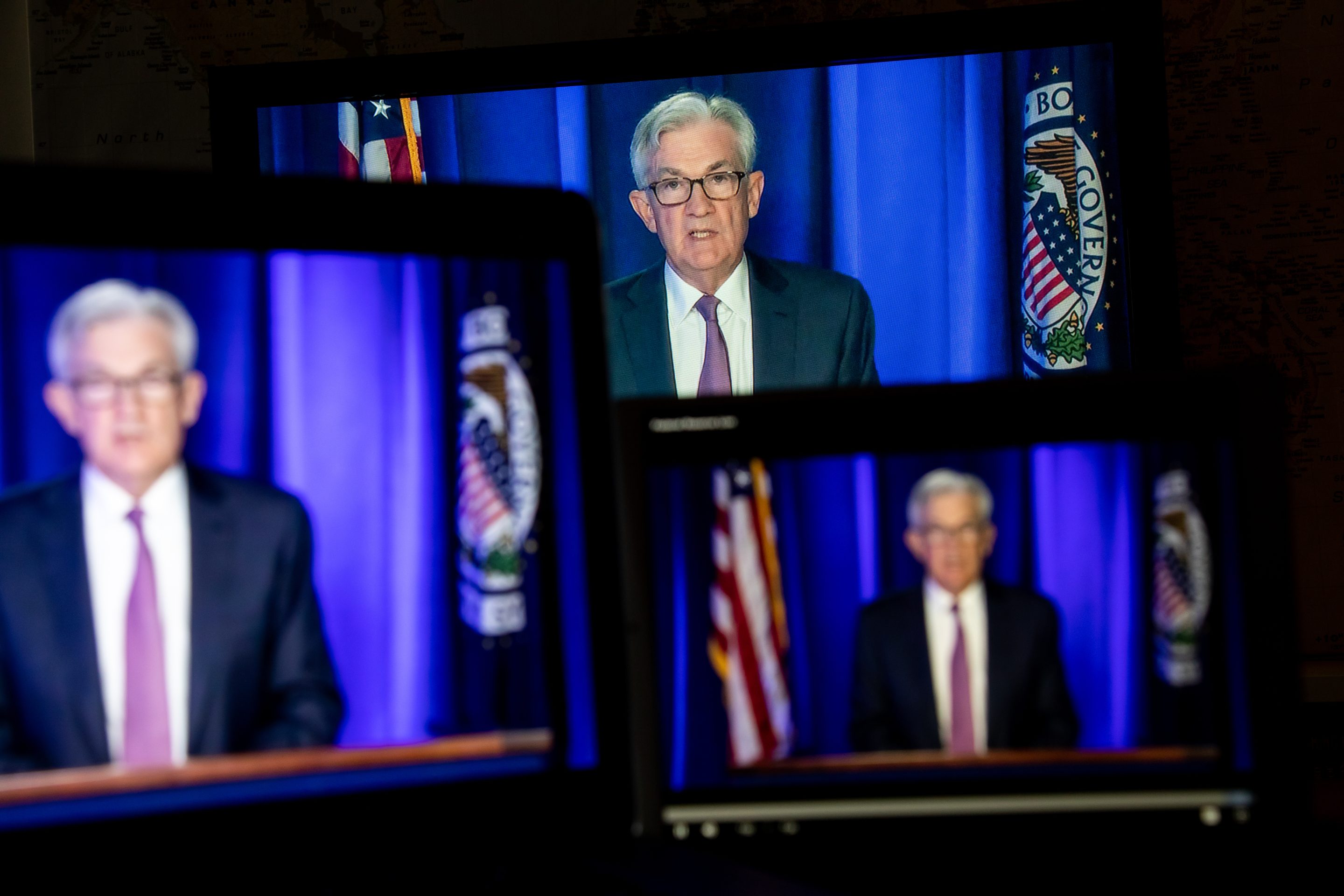 Jerome Powell, chairman of the U.S. Federal Reserve, speaks during a livestreamed news conference following a Federal Open Market Committee (FOMC) meeting in New York on March 16, 2022.