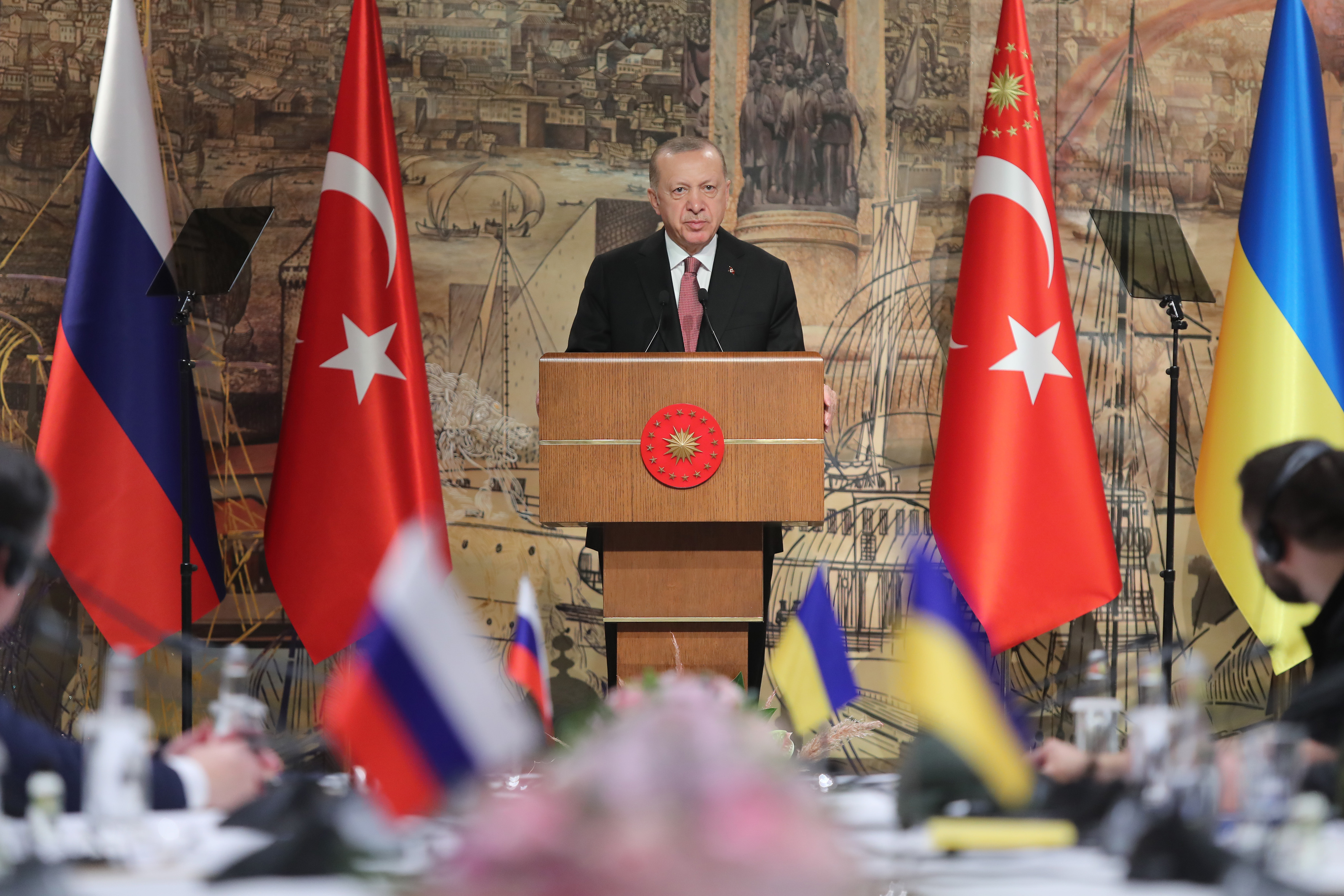 Turkish President Recep Tayyip Erdogan speaks ahead of the peace talks between delegations from Russia and Ukraine at Dolmabahce Presidential Office in Istanbul, Turkiye on March 29, 2022.