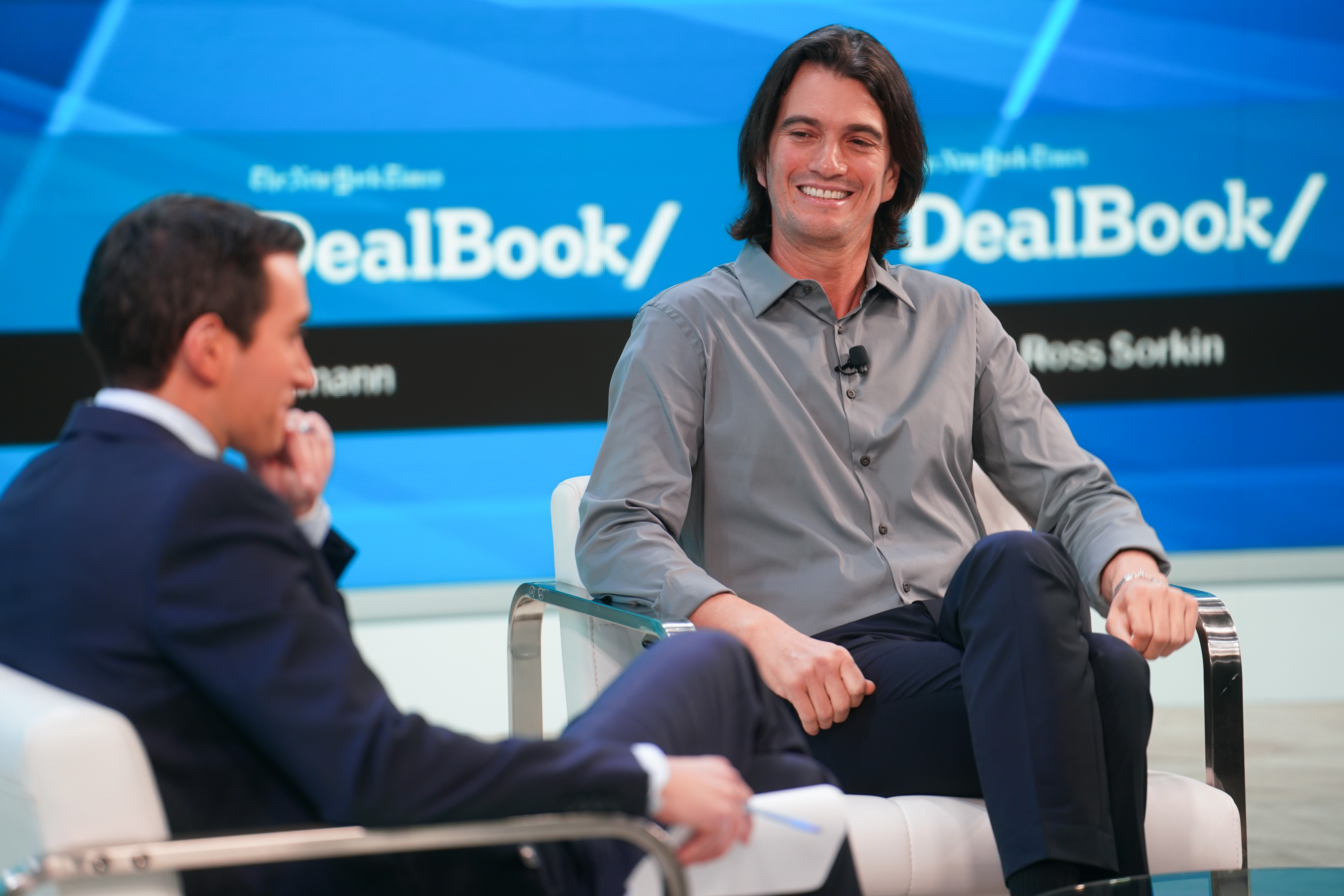 Andrew Ross Sorkin speaks with Adam Neumann during the New York Times DealBook Online Summit on Nov. 9, 2021, in New York City.