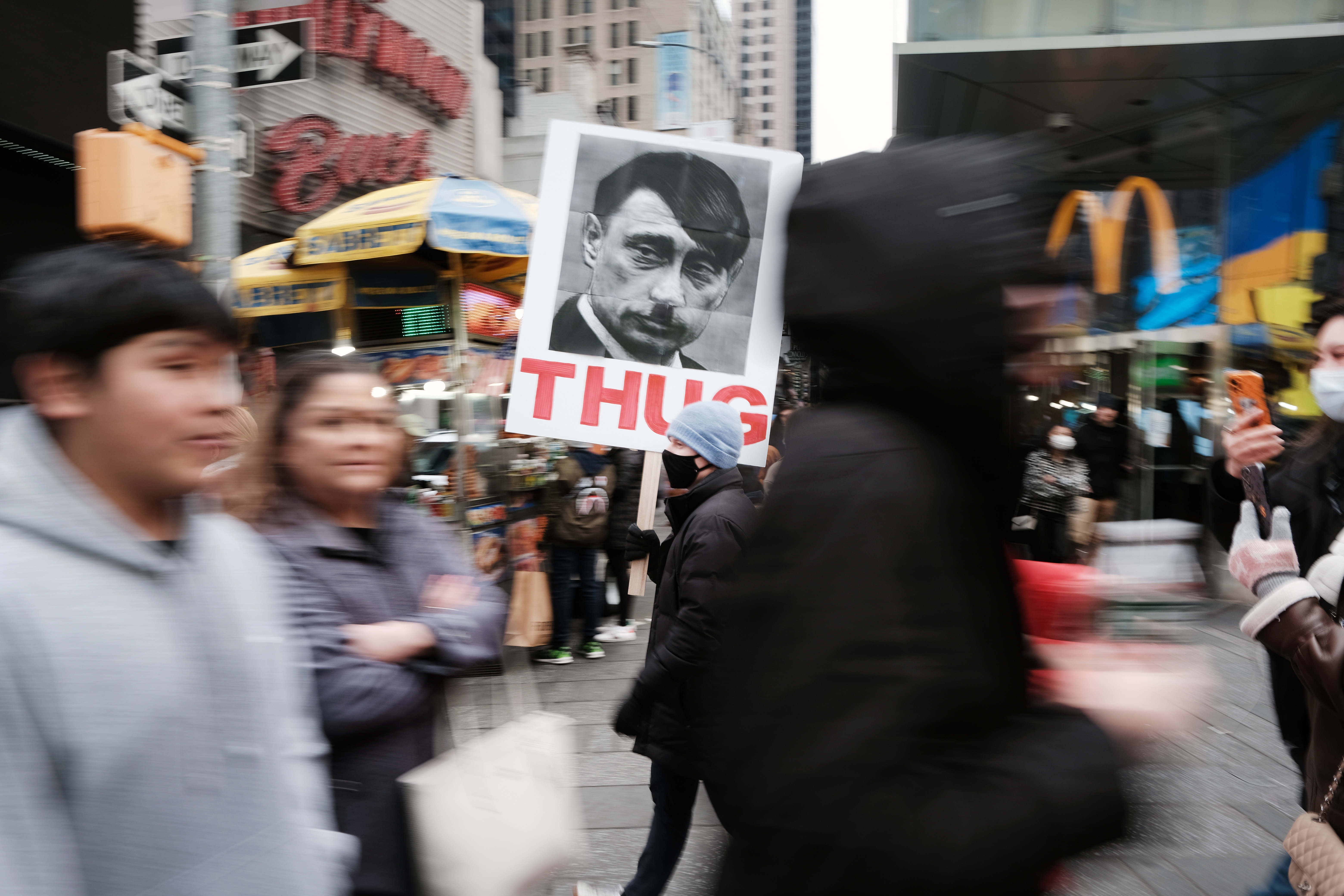 Hundreds of people gather in Manhattan's Times Square in support of Ukraine and to demand an end to the Russian invasion of the country on March 5 in New York City.