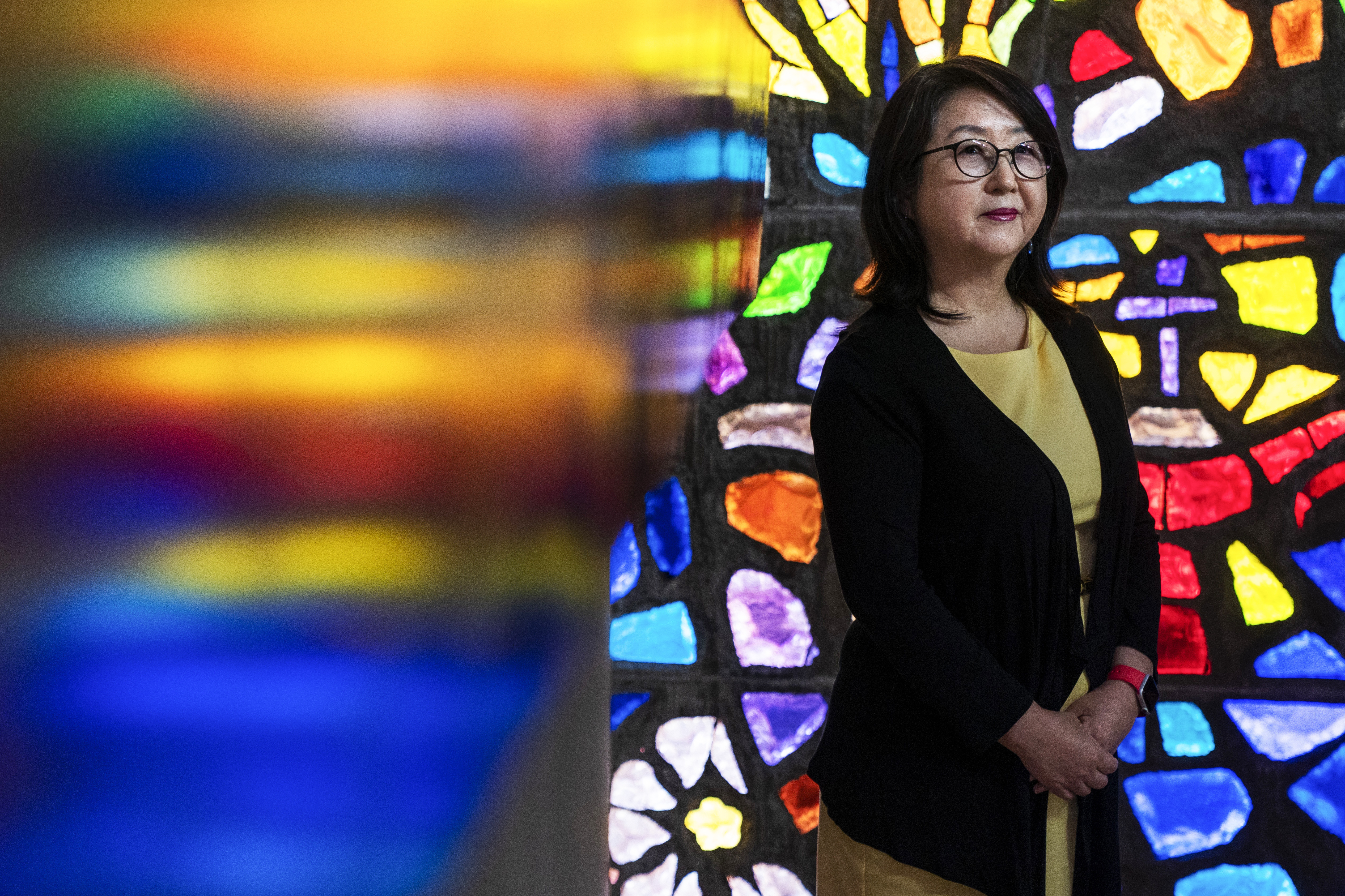 The Rev. Kyunglim Shin Lee, Vice President for International Relations at the Wesley Theological Seminary, poses for a portrait, Thursday, March 10, 2022, in the chapel at the Seminary in Washington.