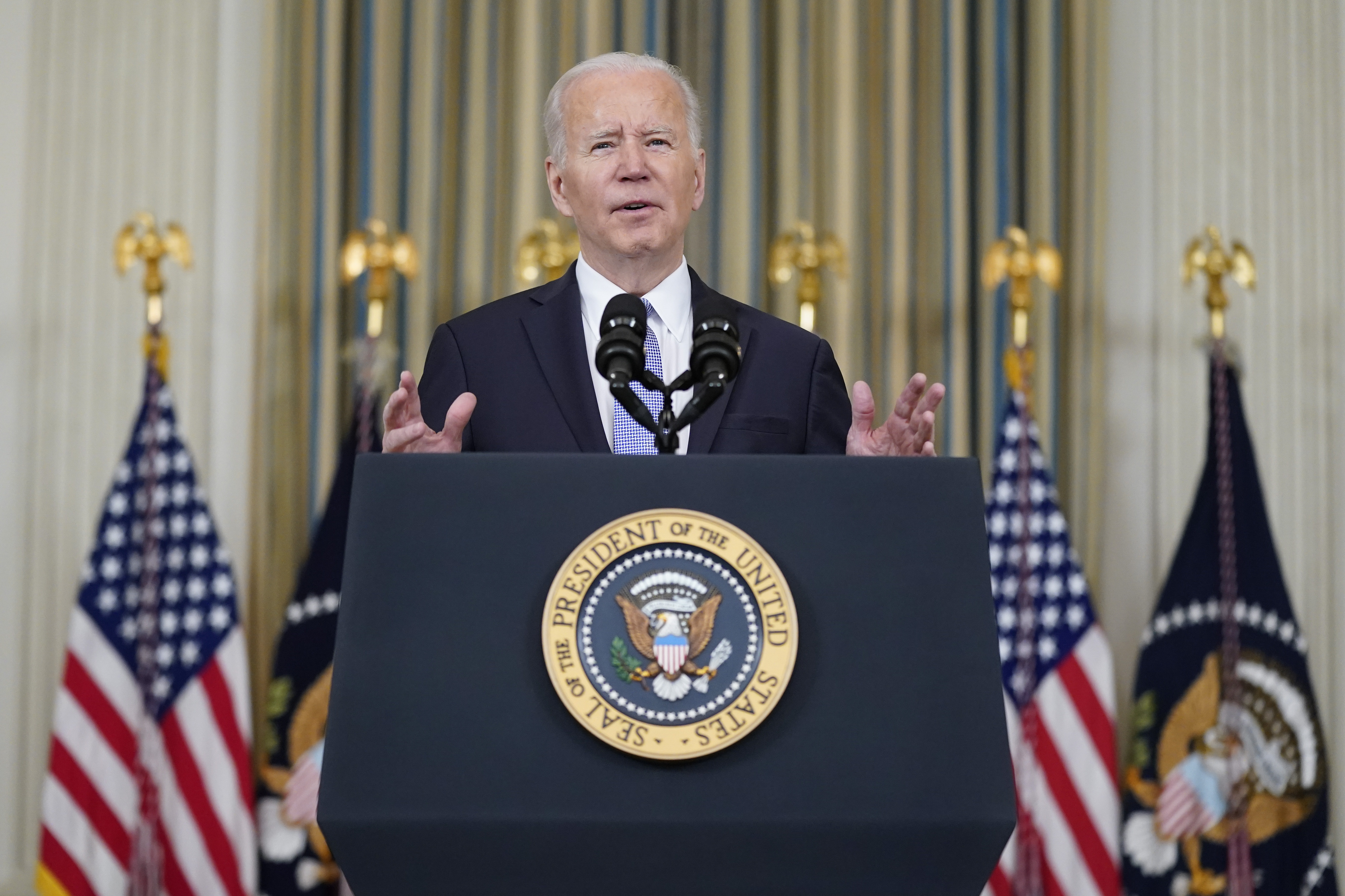 President Joe Biden speaks about the March jobs report in the State Dining Room of the White House, April 1, 2022, in Washington. Since Biden took office last year, job growth has been vigorous and steady. That's what he told the country on Friday after the March jobs report showed the addition of 431,000 jobs.