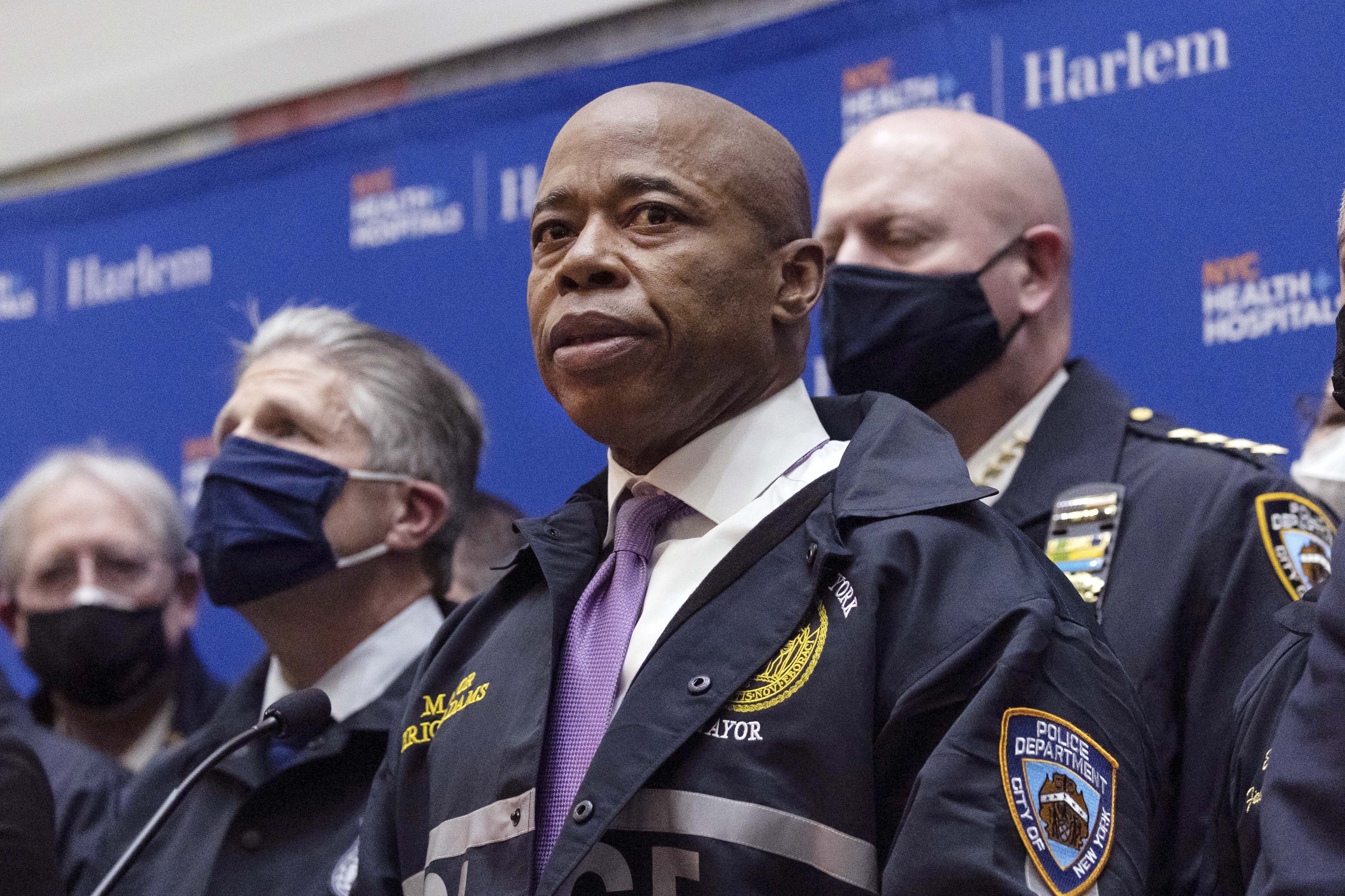 New York Mayor Eric Adams speaks during the press conference at Harlem Hospital after the shooting of a New York City Police Department officer, in Harlem, Friday, Jan. 21 in New York. There were unrelenting crises in his first month: a fire ripped through a high-rise apartment building, killing 17 people; a baby was wounded and shot in the face; an officer was wounded and shot in the head; two other officers were fatally shot while responding to a call.