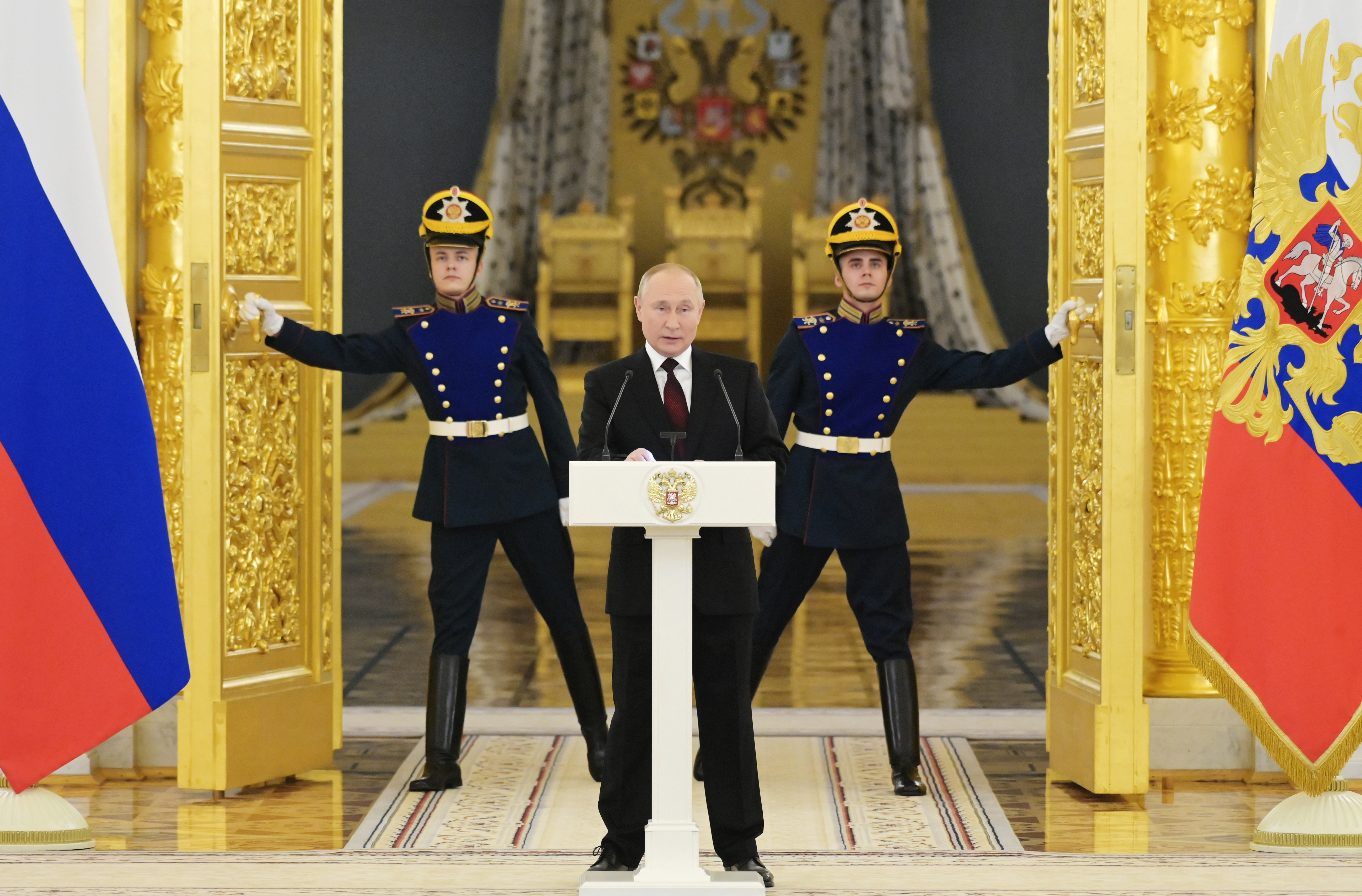 Russian President Vladimir Putin speaks during a ceremony to receive credentials from foreign ambassadors in Kremlin, in Moscow, Russia, Dec. 1, 2021. 