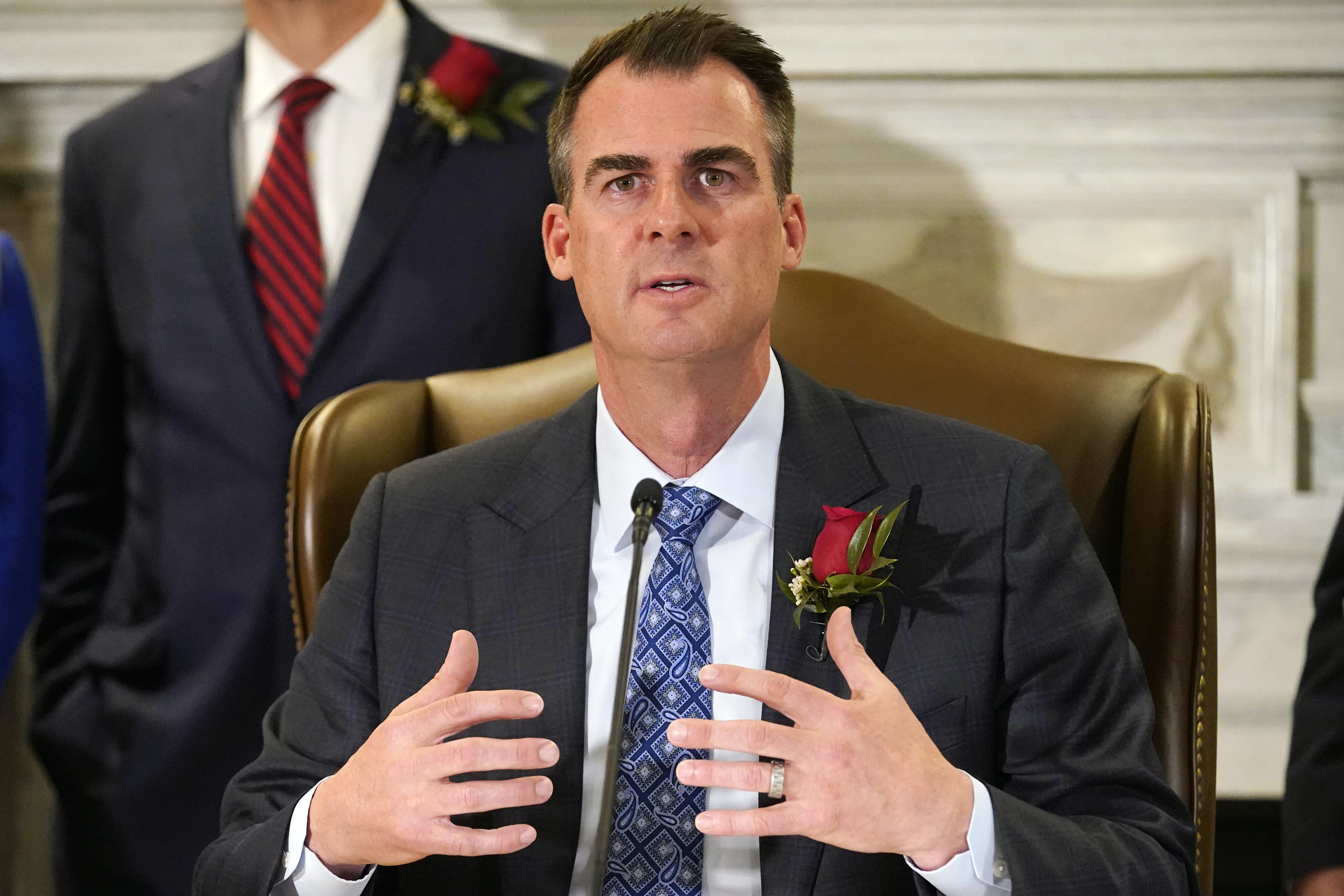 Oklahoma Gov. Kevin Stitt speaks at a signing ceremony on April 12, 2022, in Oklahoma City. The governor is asking lawmakers to approve a massive package of financial incentives to help lure an unnamed company to the state. 