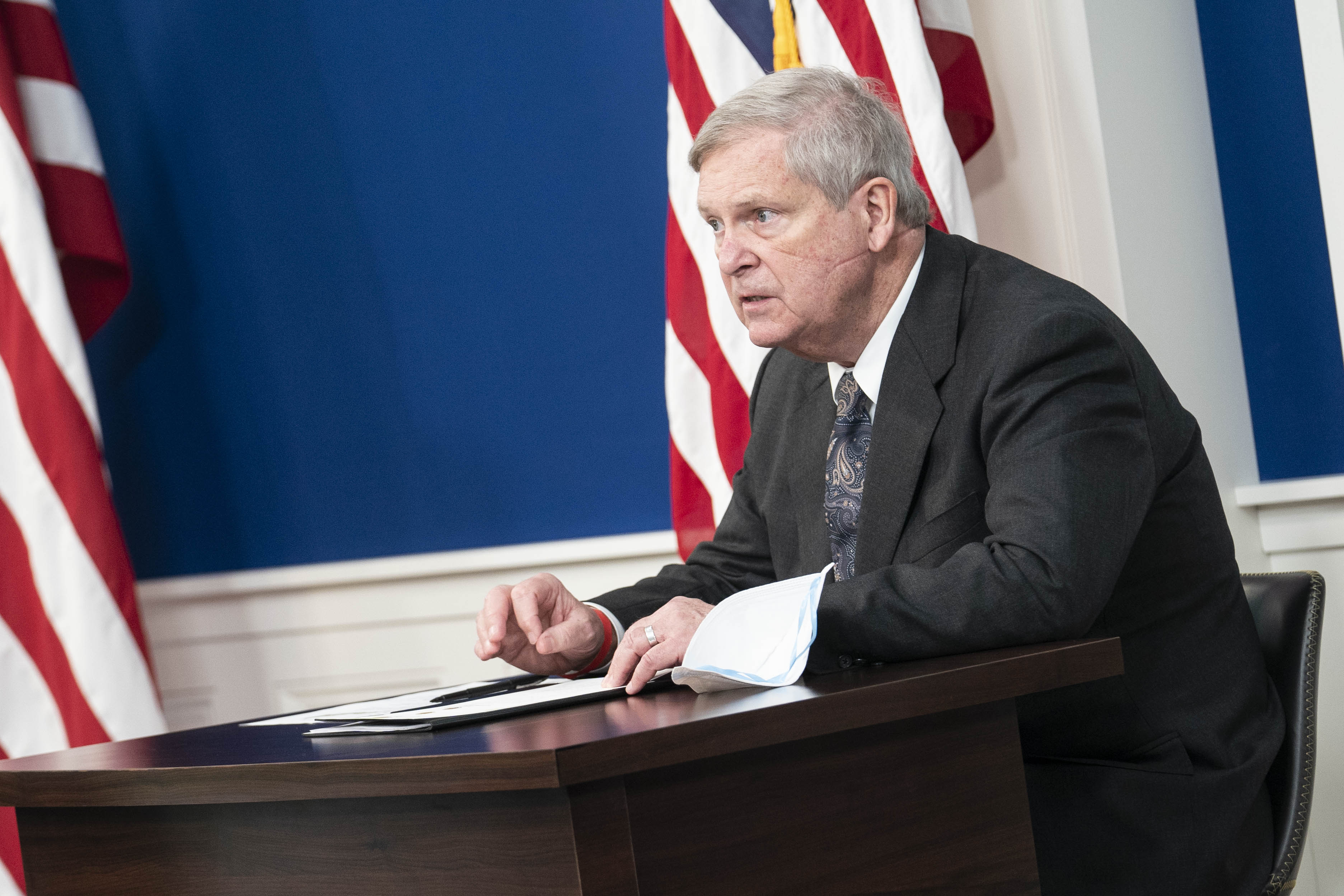 Secretary of Agriculture Tom Vilsack speaks during a virtual meeting about reducing the costs of meat through increased competition in the meat processing industry in the South Court Auditorium at the Eisenhower Executive Office Building on Jan. 3 in Washington, D.C. U.S. President Joe Biden led the meeting and heard from Attorney General Merrick Garland and independent farmers.