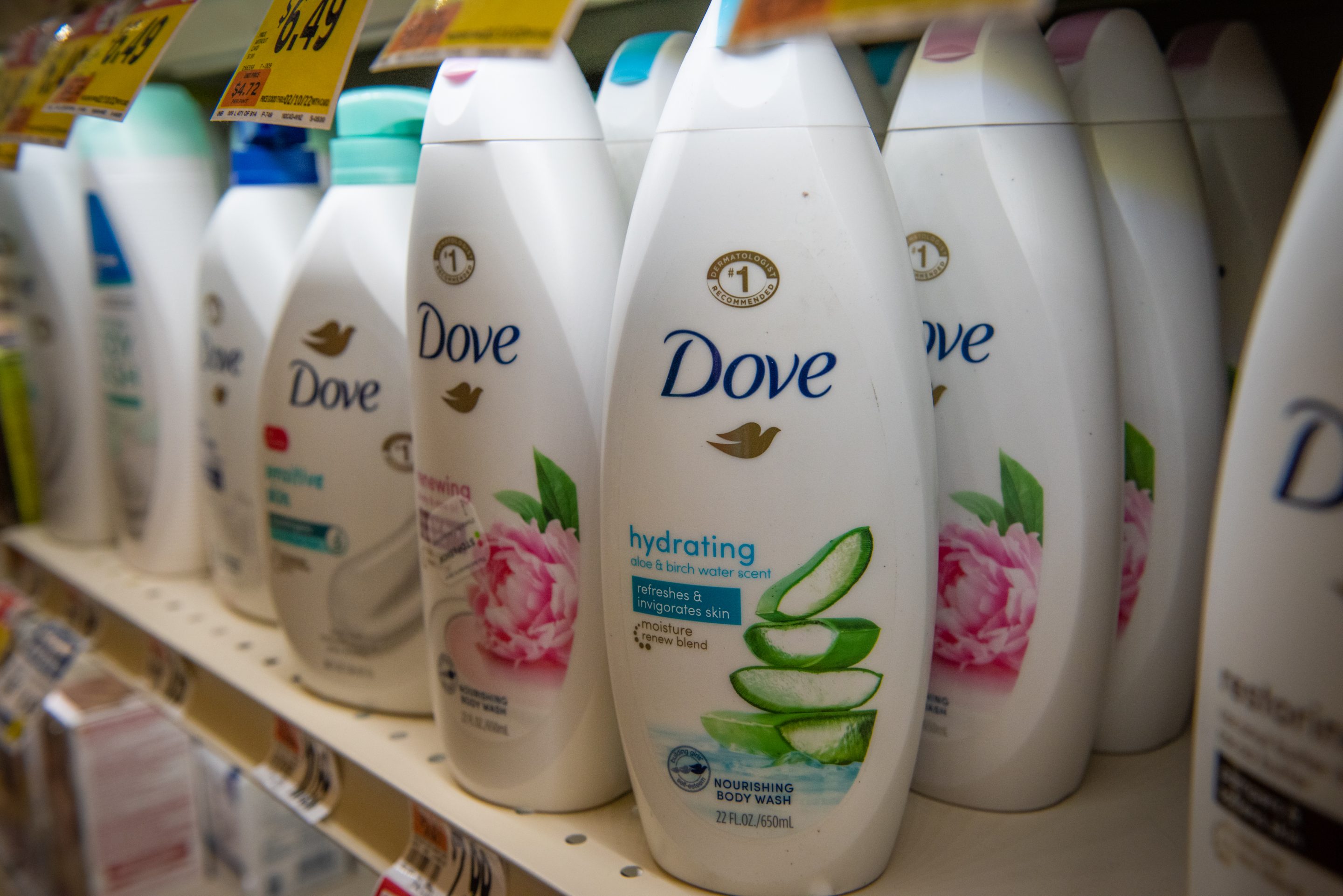 Unilever brand Dove body wash for sale at a store in Dobbs Ferry, N.Y.