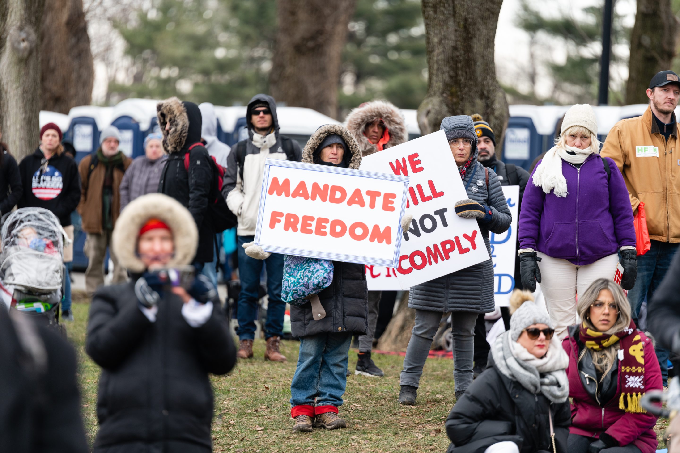 Demonstrators gather during an anti-vaccine mandate rally at the Lincoln Memorial on the National Mall in Washington, D.C., U.S., on Sunday, Jan. 23, 2022. A divided U.S. Supreme Court this month blocked the centerpiece of the White House's push to get more people vaccinated amid a Covid-19 surge, rejecting an Occupational Safety and Health Administration rule that would have required 80 million workers to get shots or periodic tests.