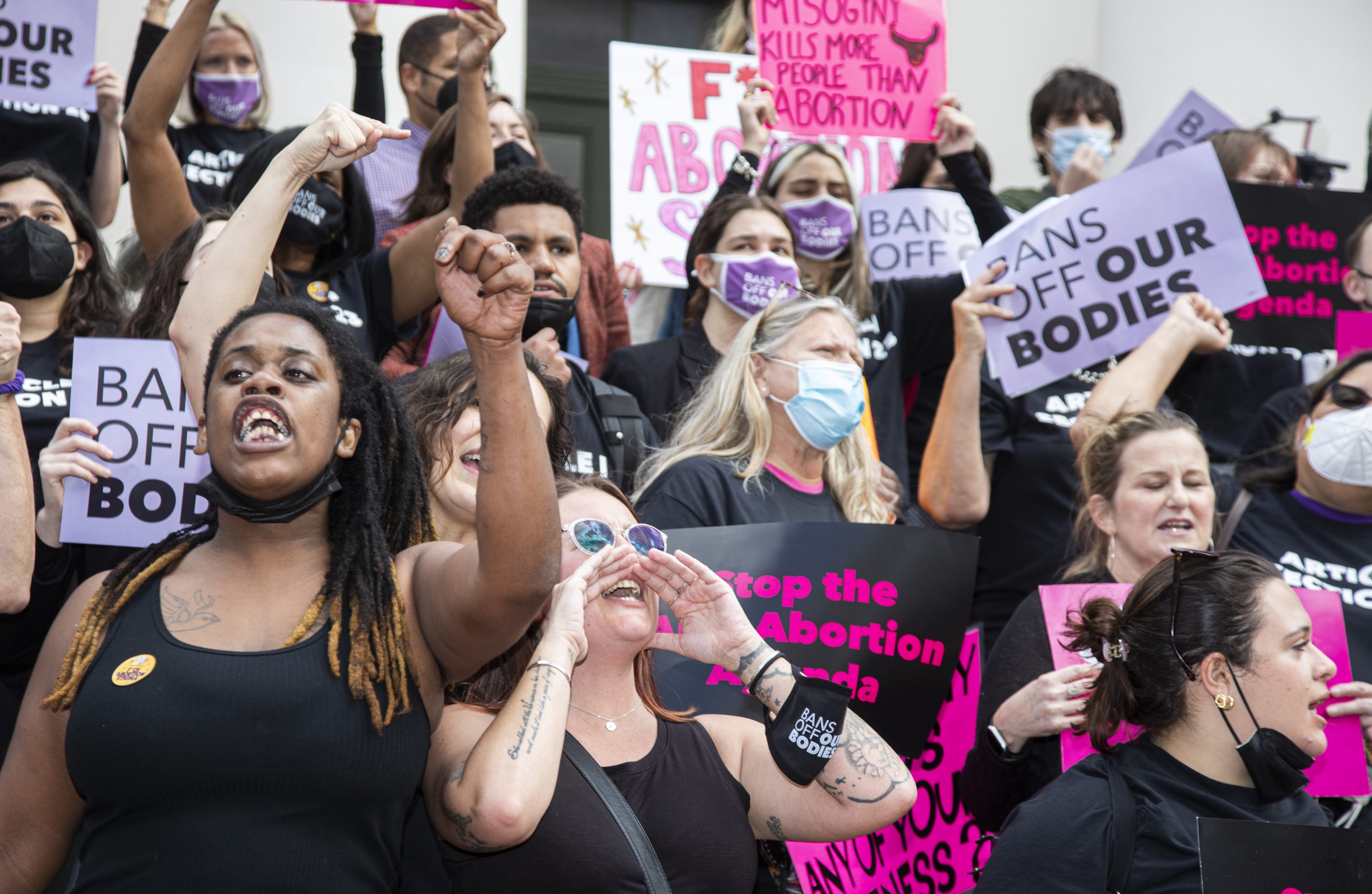 Kate Dandy-Samitz, center, leads protest chants at the Florida Capitol as advocates for bodily autonomy protest a bill before the Florida legislature to limit abortions on February 16, 2022 in Tallahassee, Florida.