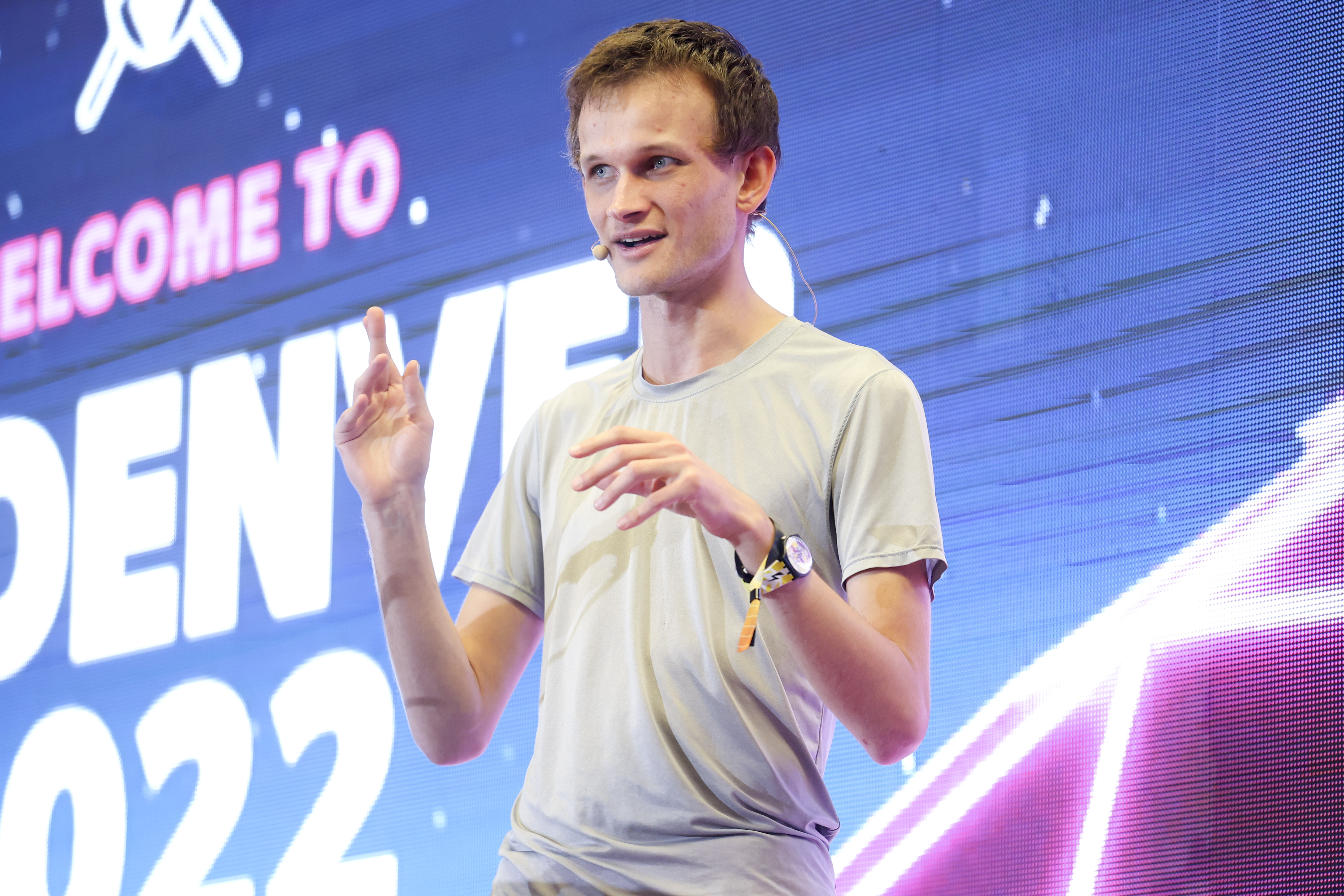 DENVER, CO - FEBRUARY 18: Ethereum co-founder Vitalik Buterin speaks at ETHDenver on February 18, 2022 in Denver, Colorado.