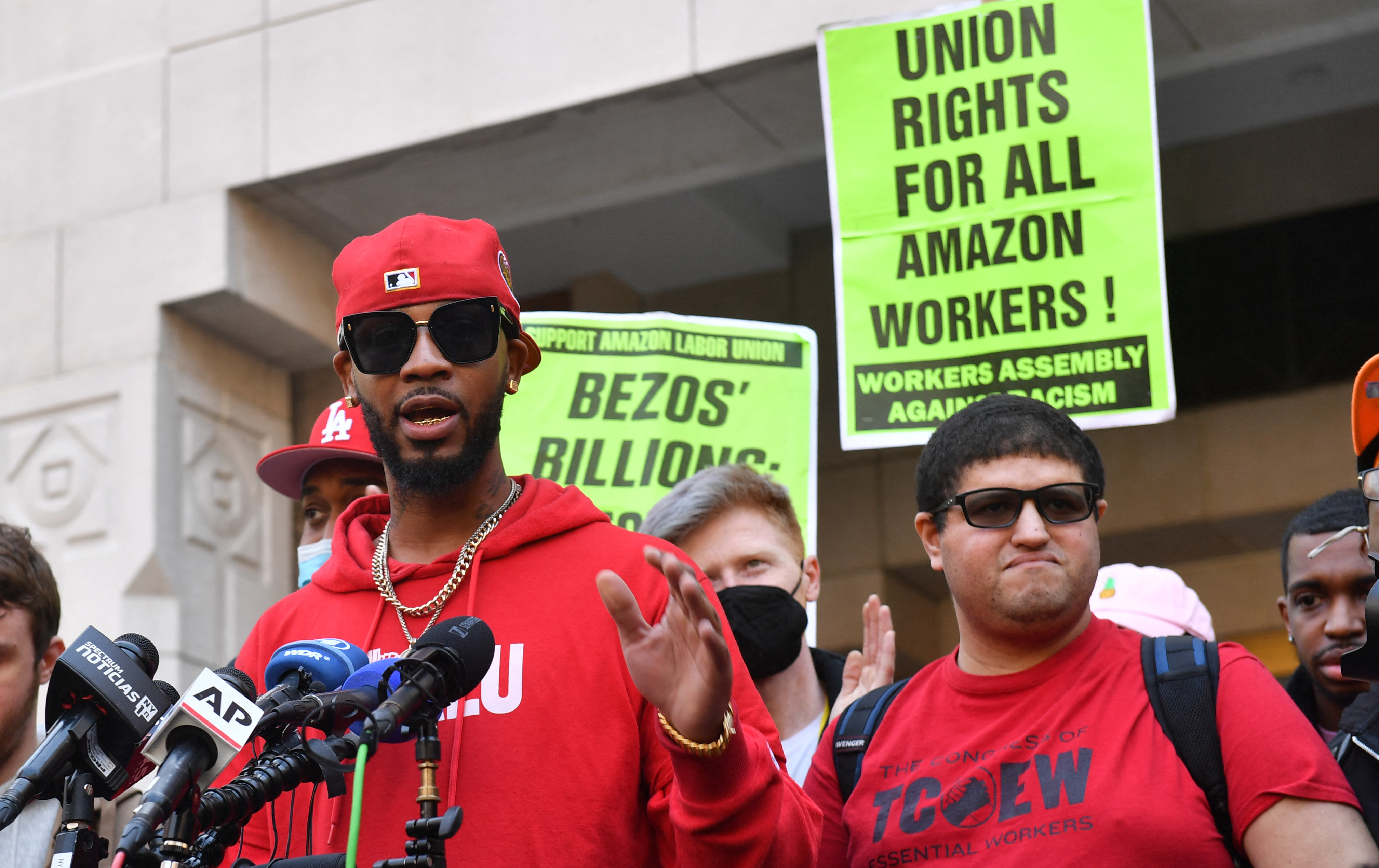 Union organizer Christian Smalls speaks following the April 1, 2022, vote for the unionization of the Amazon Staten Island warehouse in New York. Amazon workers in New York voted Friday to establish the first U.S. union at the e-commerce giant, a milestone for a company that has steadfastly opposed organized labor in its massive workforce.