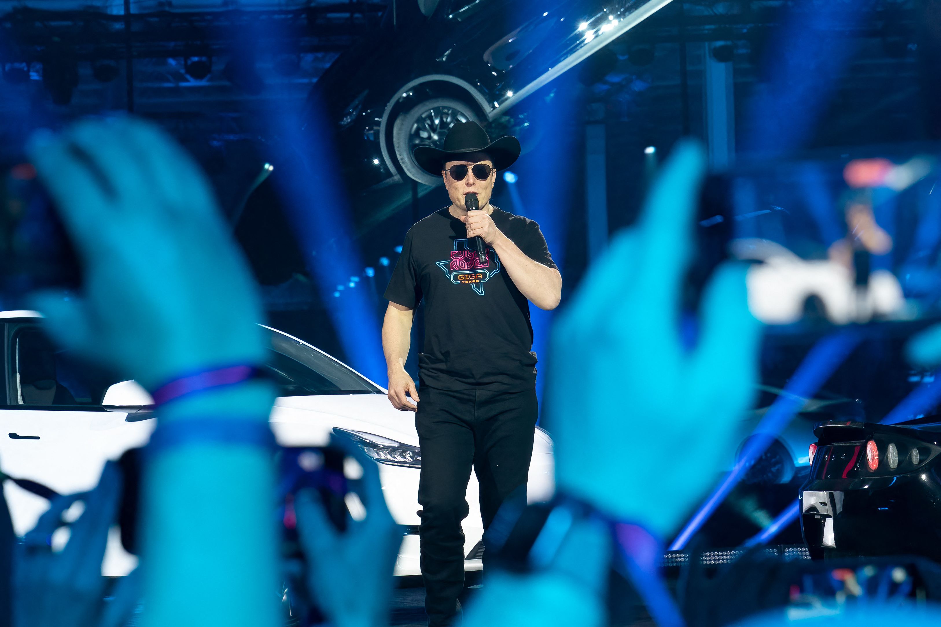 CEO of Tesla Motors Elon Musk speaks at the Tesla Giga Texas manufacturing "Cyber Rodeo" grand opening party in Austin, Texas, on April 7.