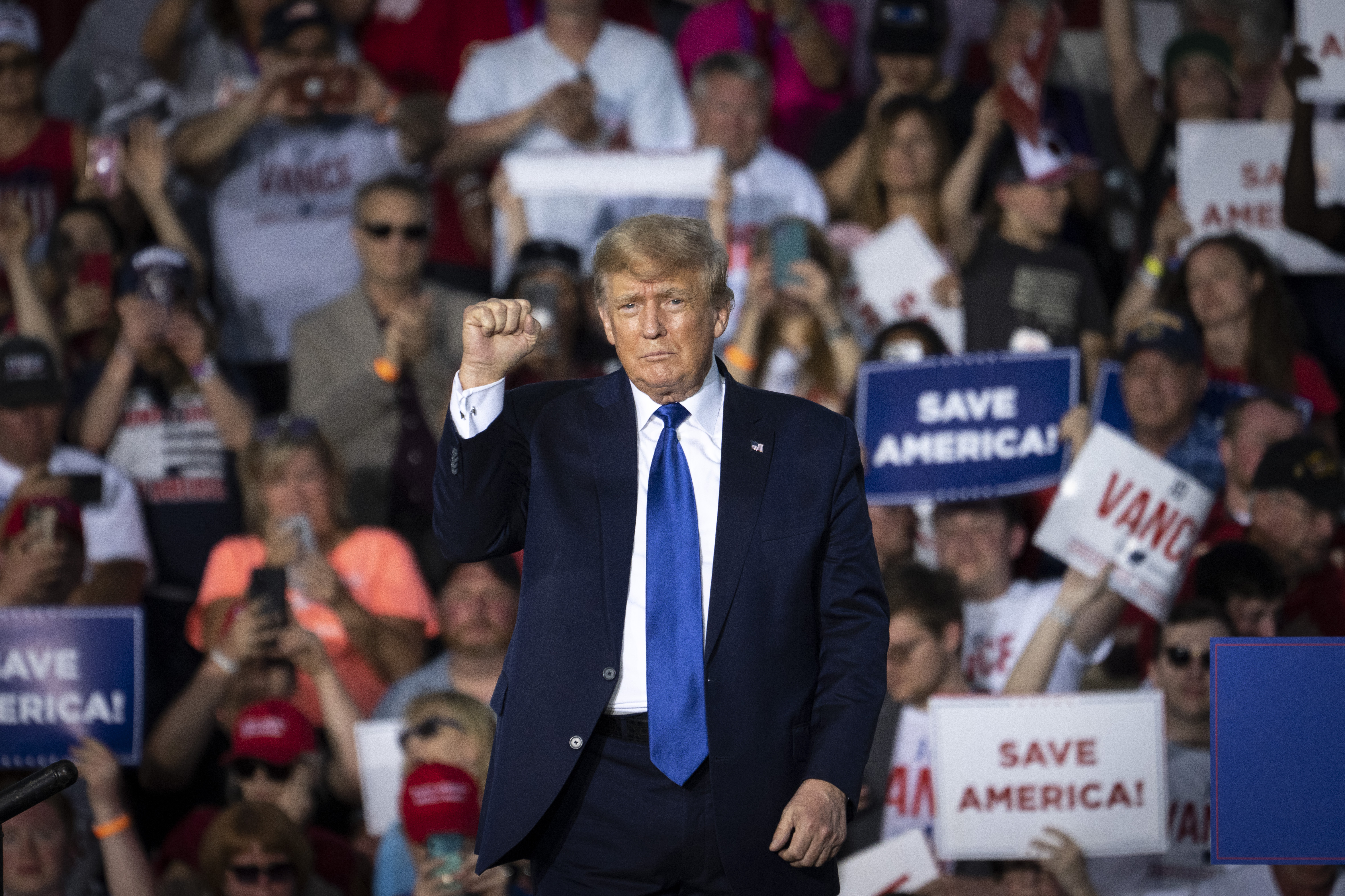 Former U.S. President Donald Trump gestures after speaking during a rally hosted by the former president at the Delaware County Fairgrounds on April 23 in Delaware, Ohio. Last week, Trump announced his endorsement of J.D. Vance in the Ohio Republican Senate primary.
